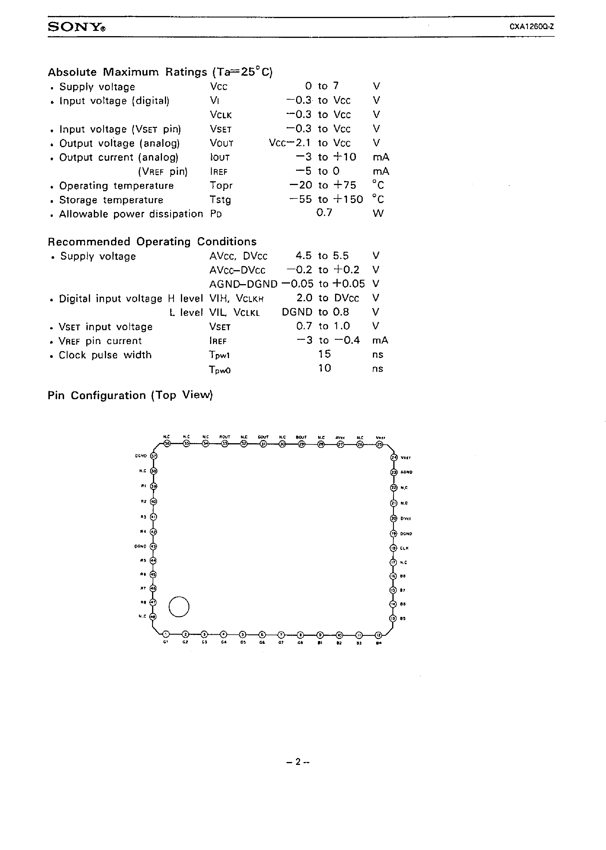 Даташит CXA1260Q - 8 BIT 35 MSPS RGB 3-CHANNEL D/A CONVERTER страница 2