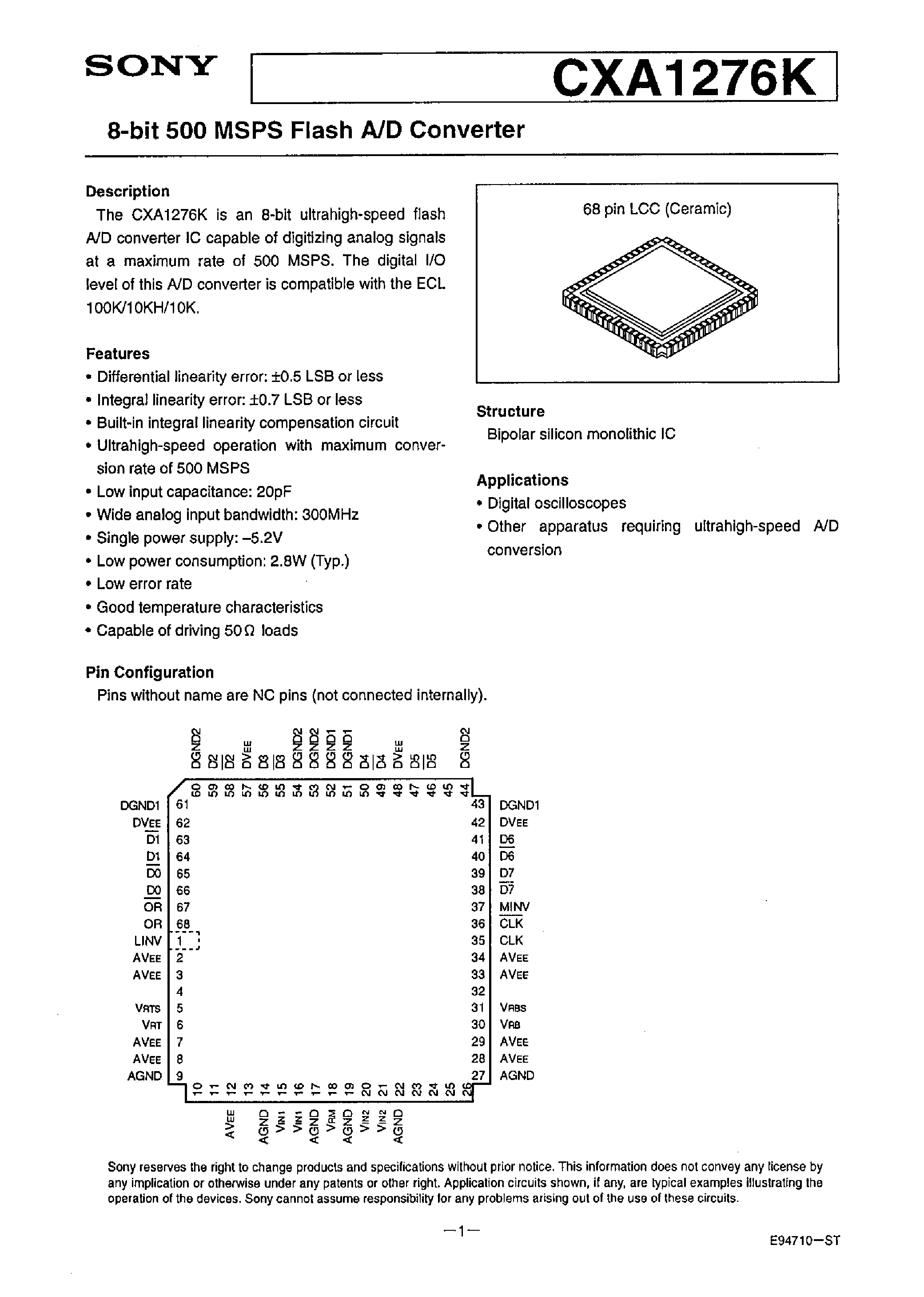 Даташит CXA1276K - 8-BIT 500 MSPS FLASH A/D CONVERTER страница 1