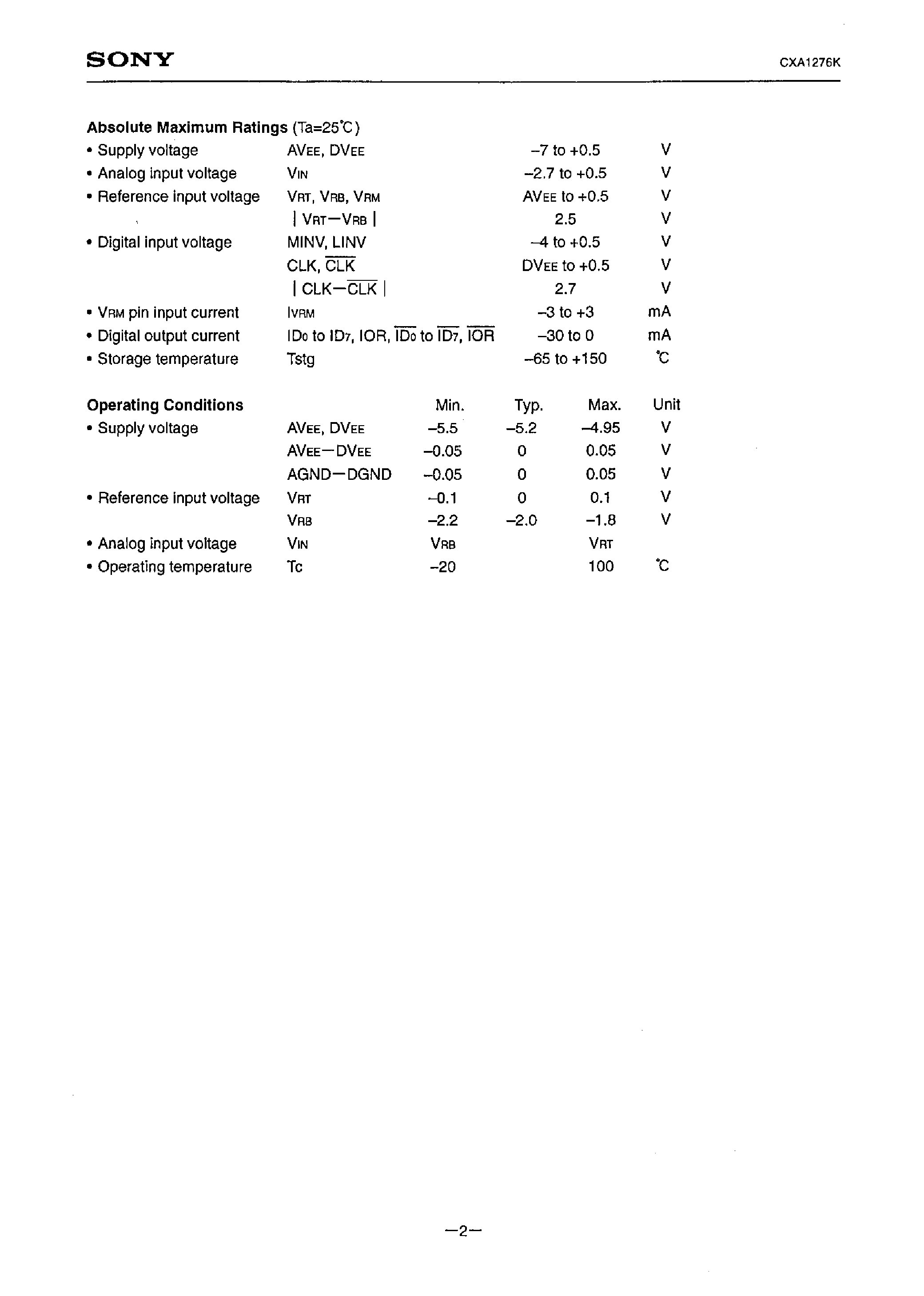 Даташит CXA1276K - 8-BIT 500 MSPS FLASH A/D CONVERTER страница 2