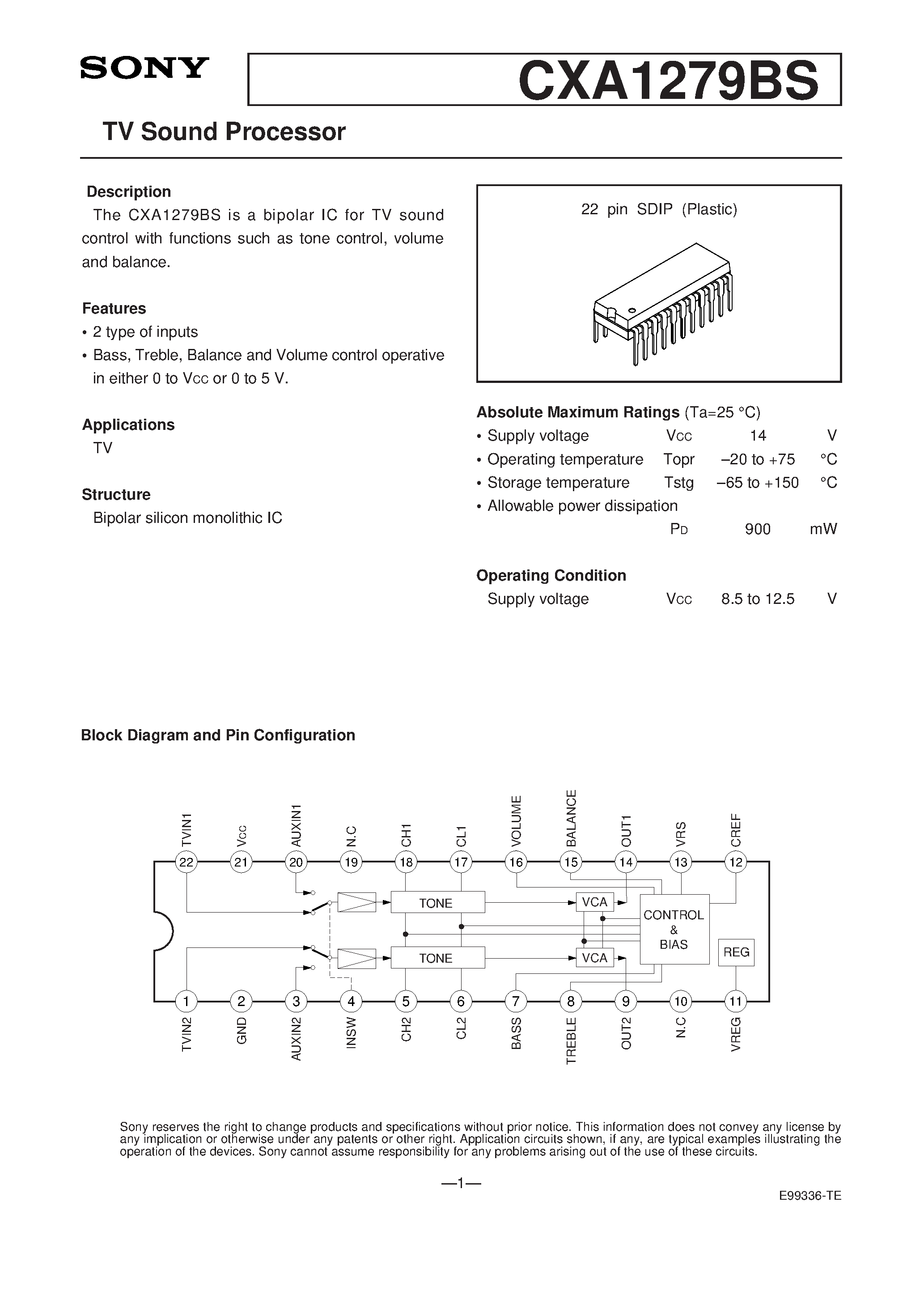 Даташит CXA1279BS - TV SOUND PROCESSOR страница 1