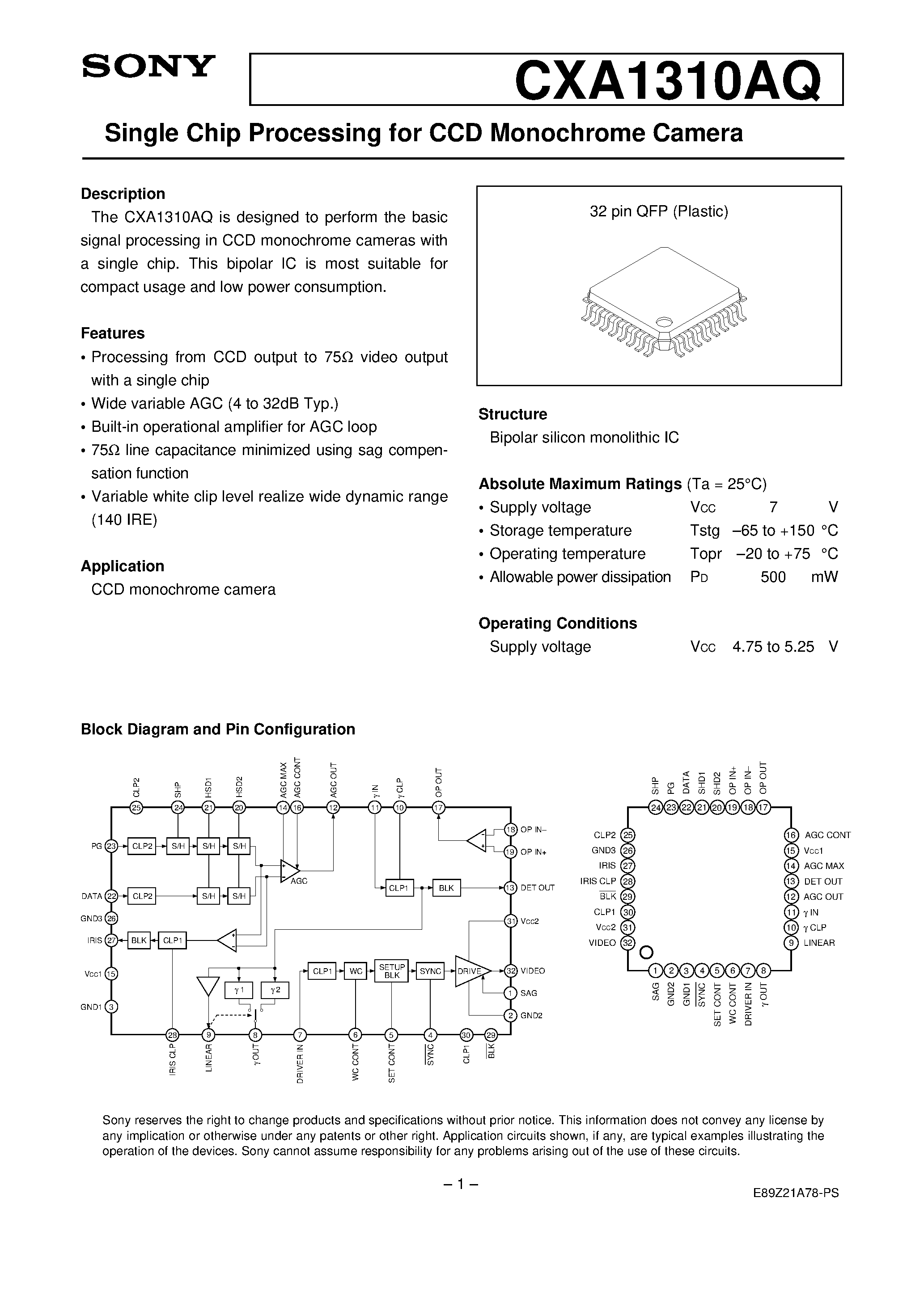 Даташит CXA1310AQ - Single Chip Processing for CCD Monochrome Camera страница 1