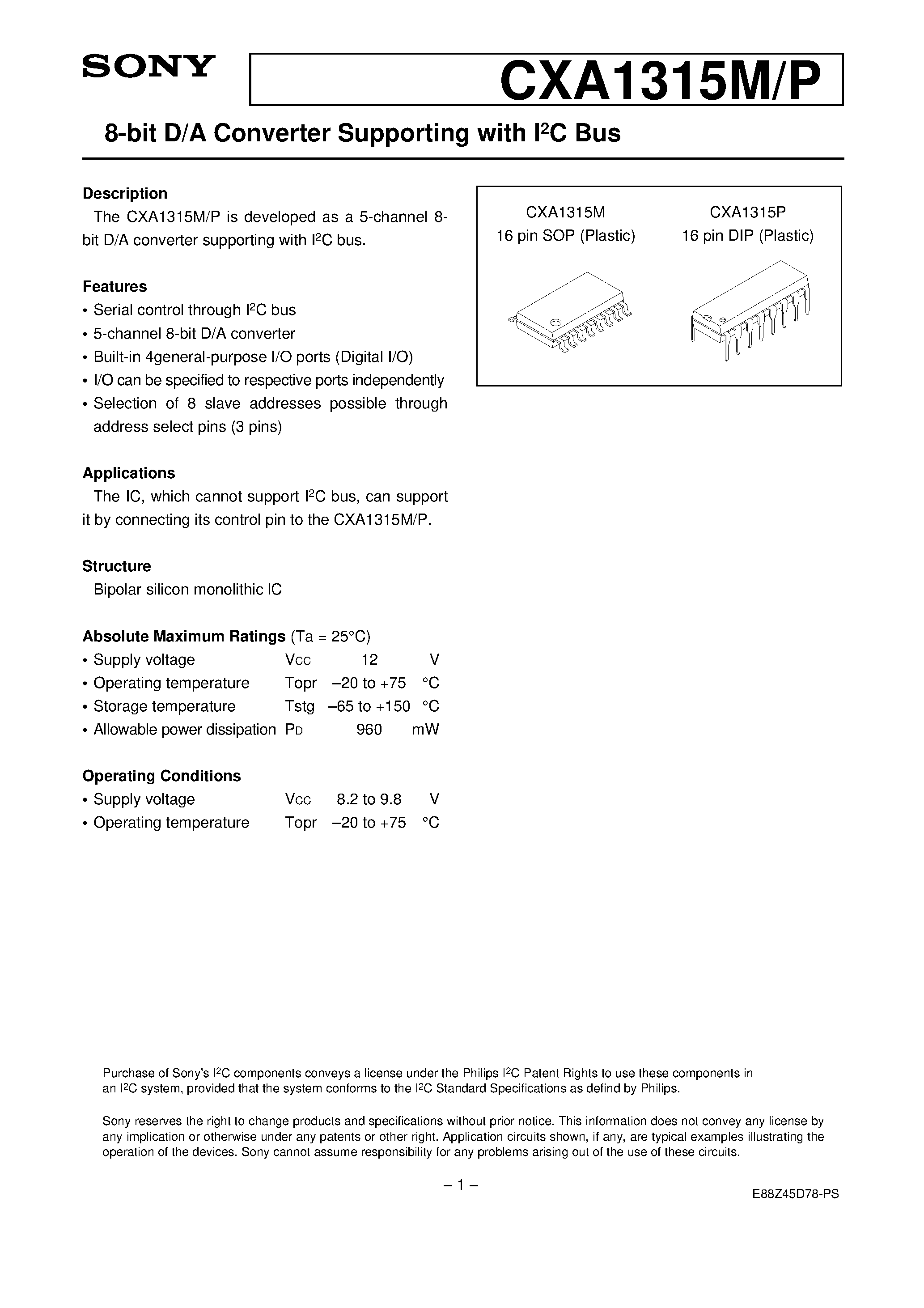 Даташит CXA1315P - 8-bit D/A Converter Supporting with I2C Bus страница 1