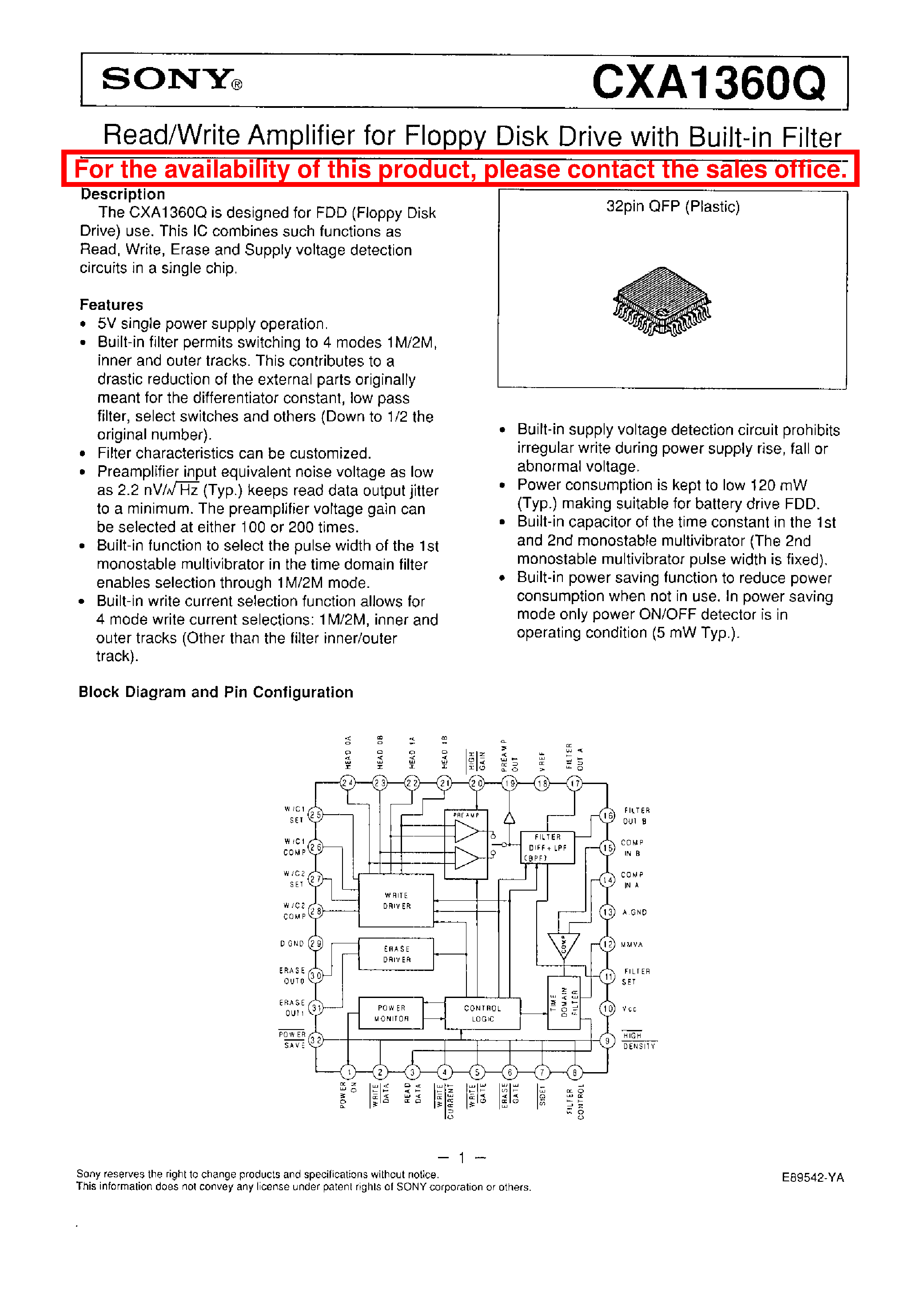 Даташит CXA1360Q - READ/WRITE AMPLIFIER FOR FLOPPY DISK DRIVE WITH BUILT-IN FILTER страница 1