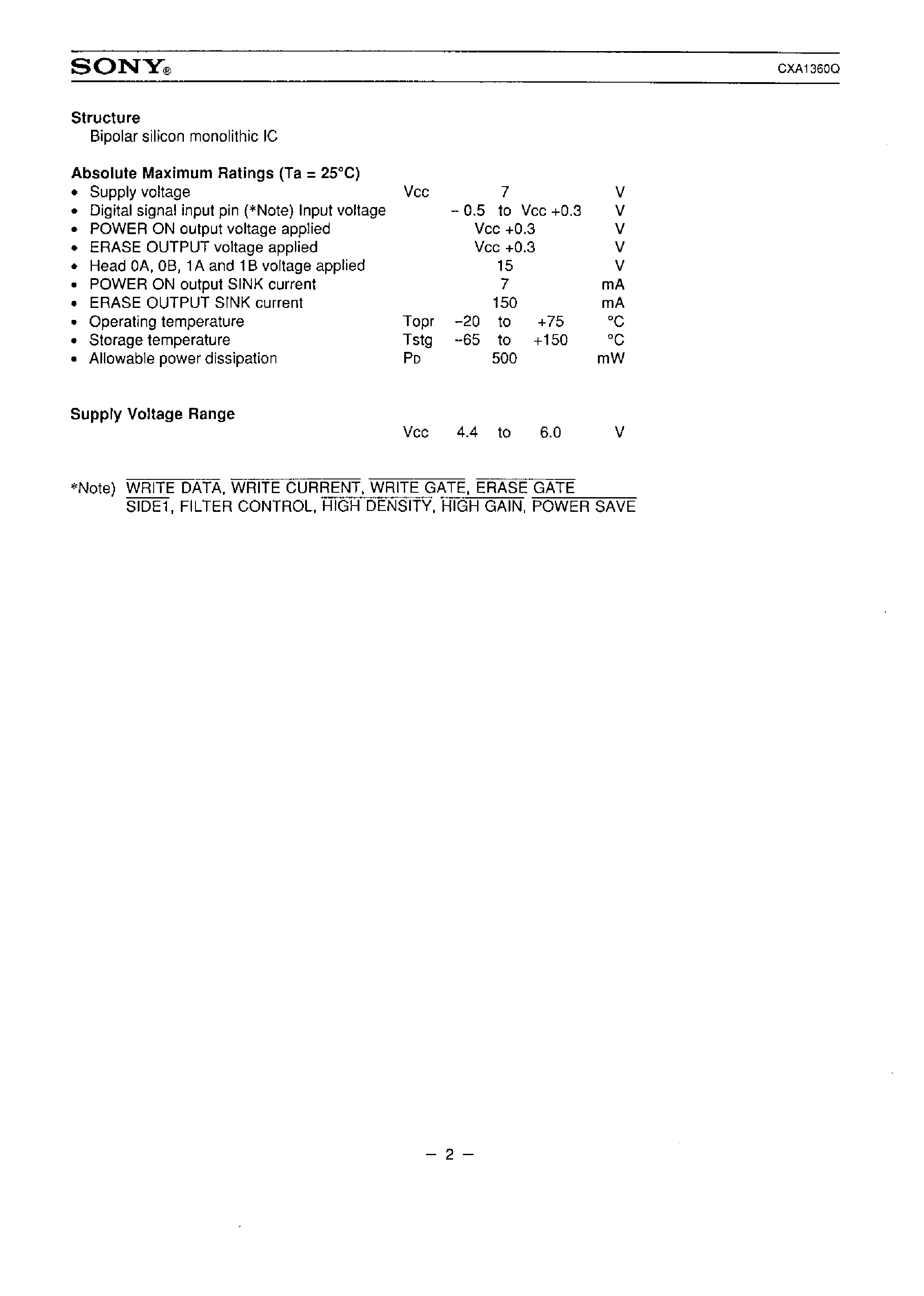 Даташит CXA1360Q - READ/WRITE AMPLIFIER FOR FLOPPY DISK DRIVE WITH BUILT-IN FILTER страница 2