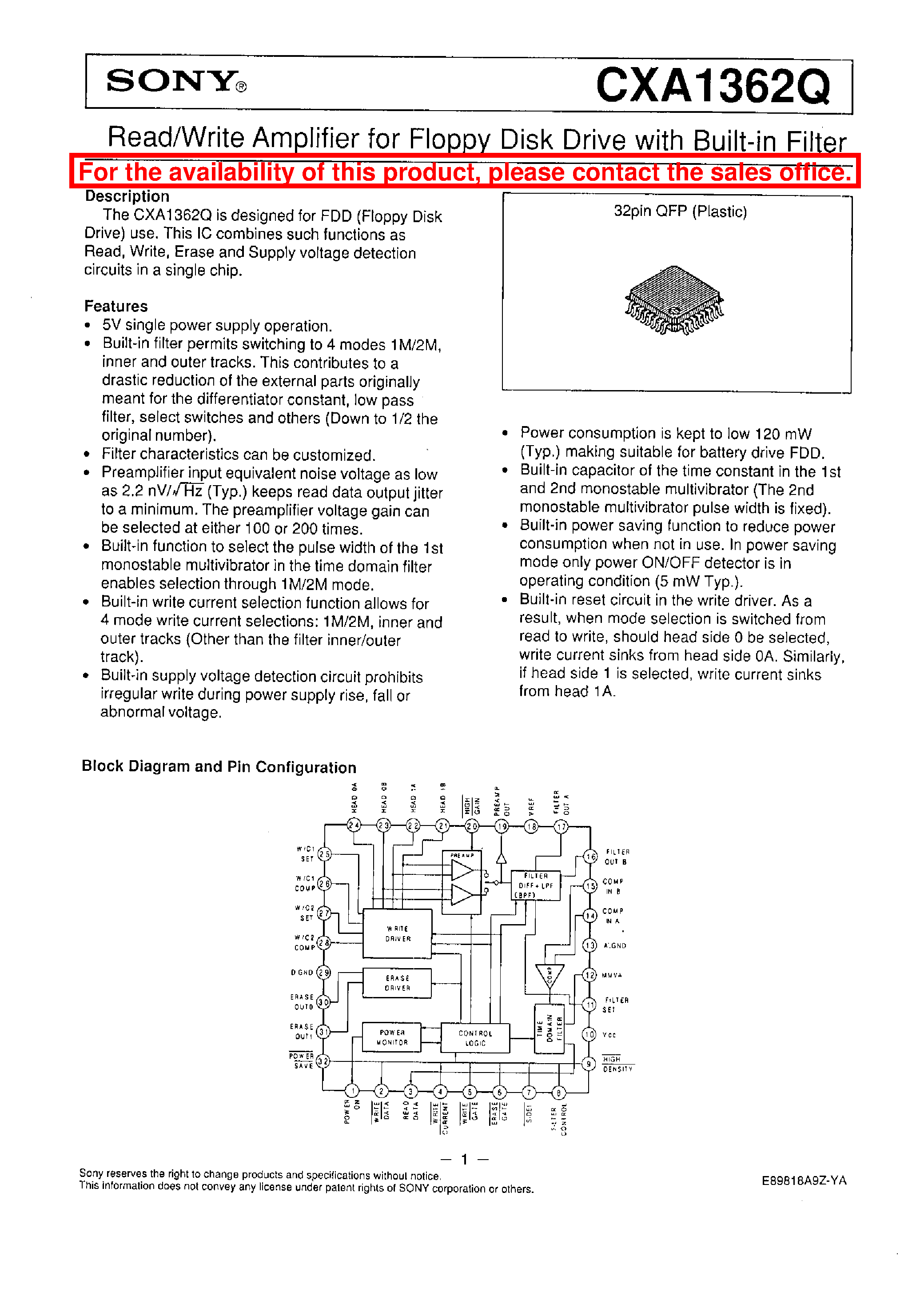 Даташит CXA1362Q - READ/WRITE AMPLIFIER FOR FLOPPY DISK DRIVE WITH BUILT-IN FILTER страница 1