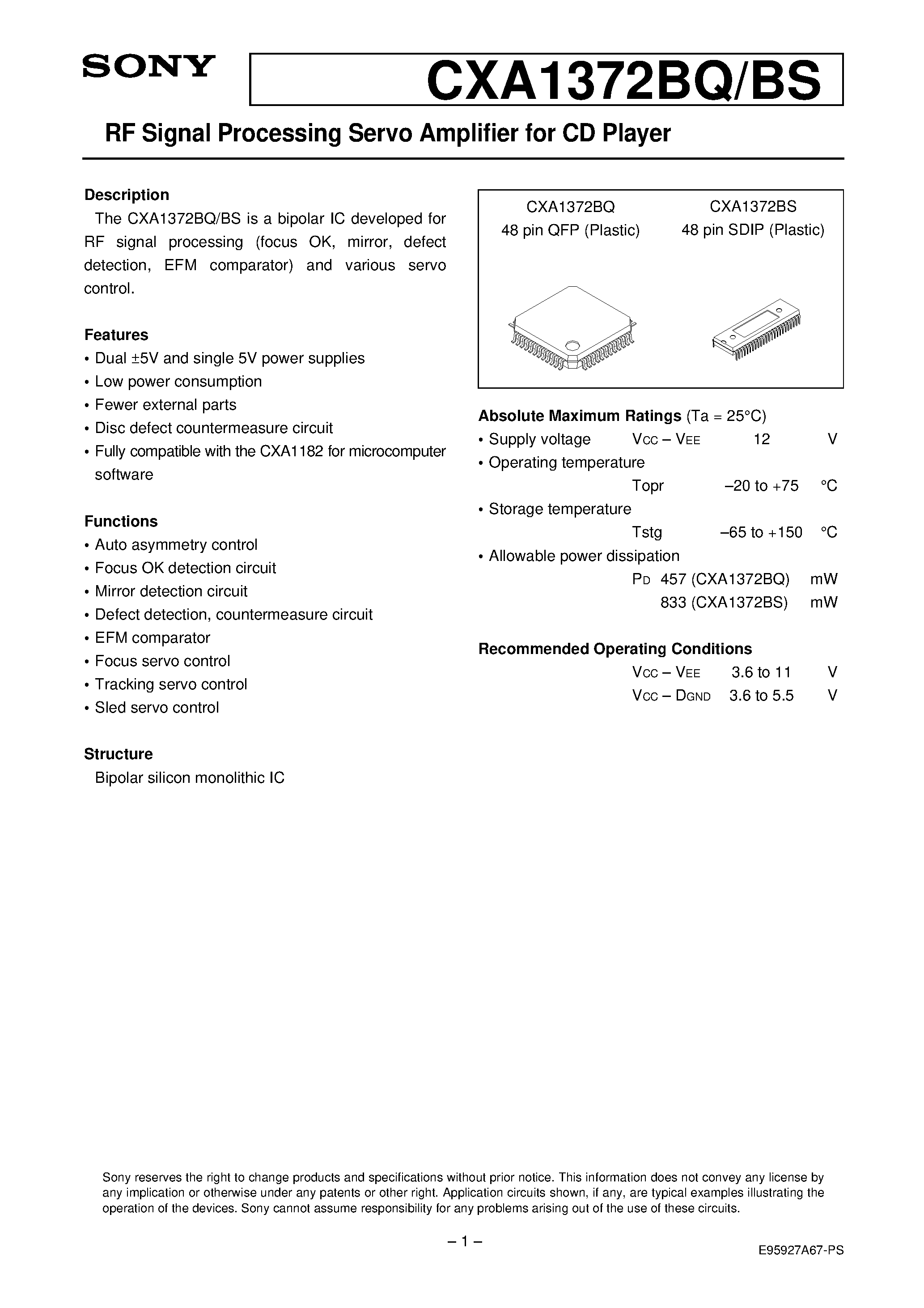 Даташит CXA1372BS - RF Signal Processing Servo Amplifier for CD Player страница 1