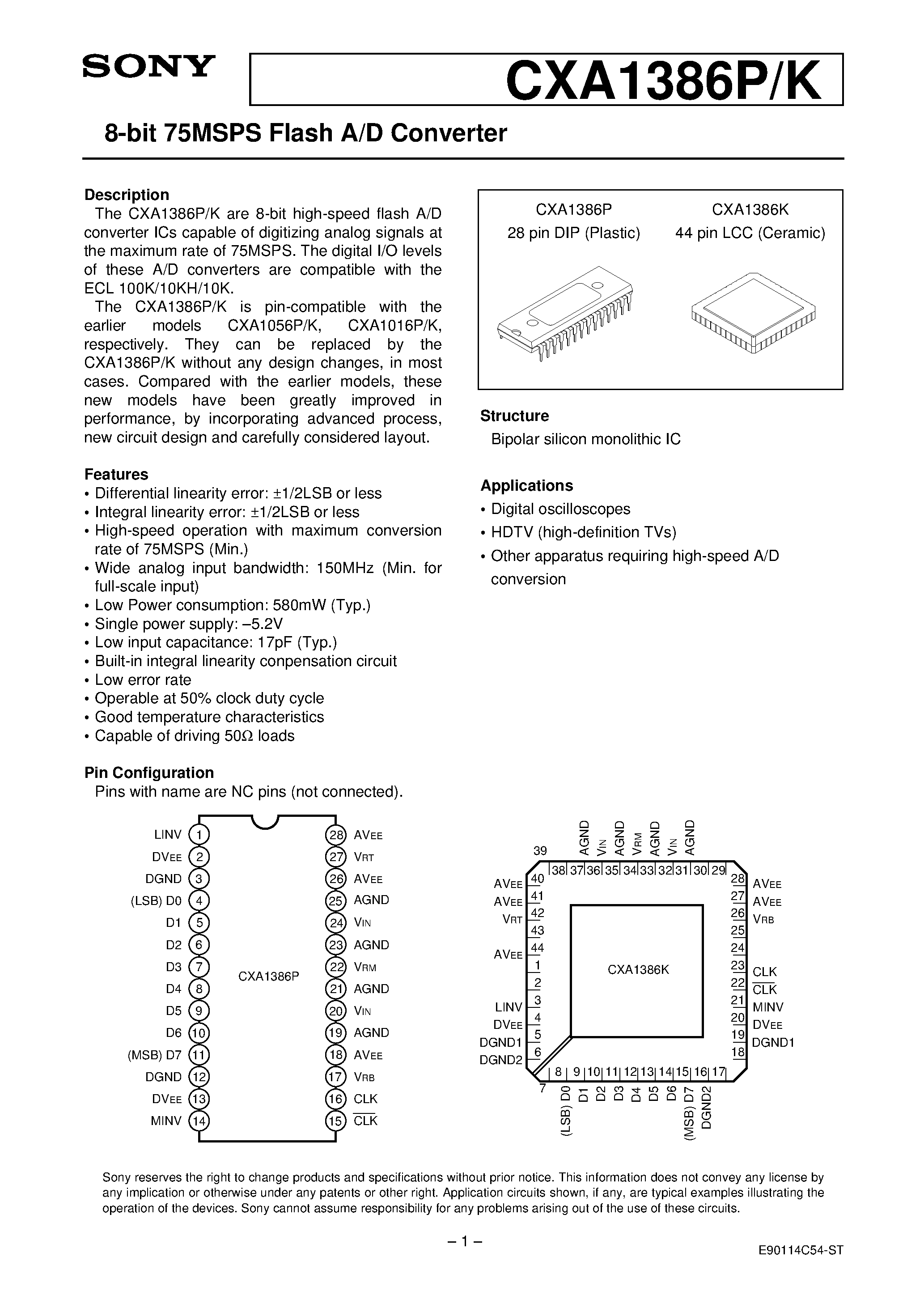 Даташит CXA1386P - 8-bit 75MSPS Flash A/D Converter страница 1