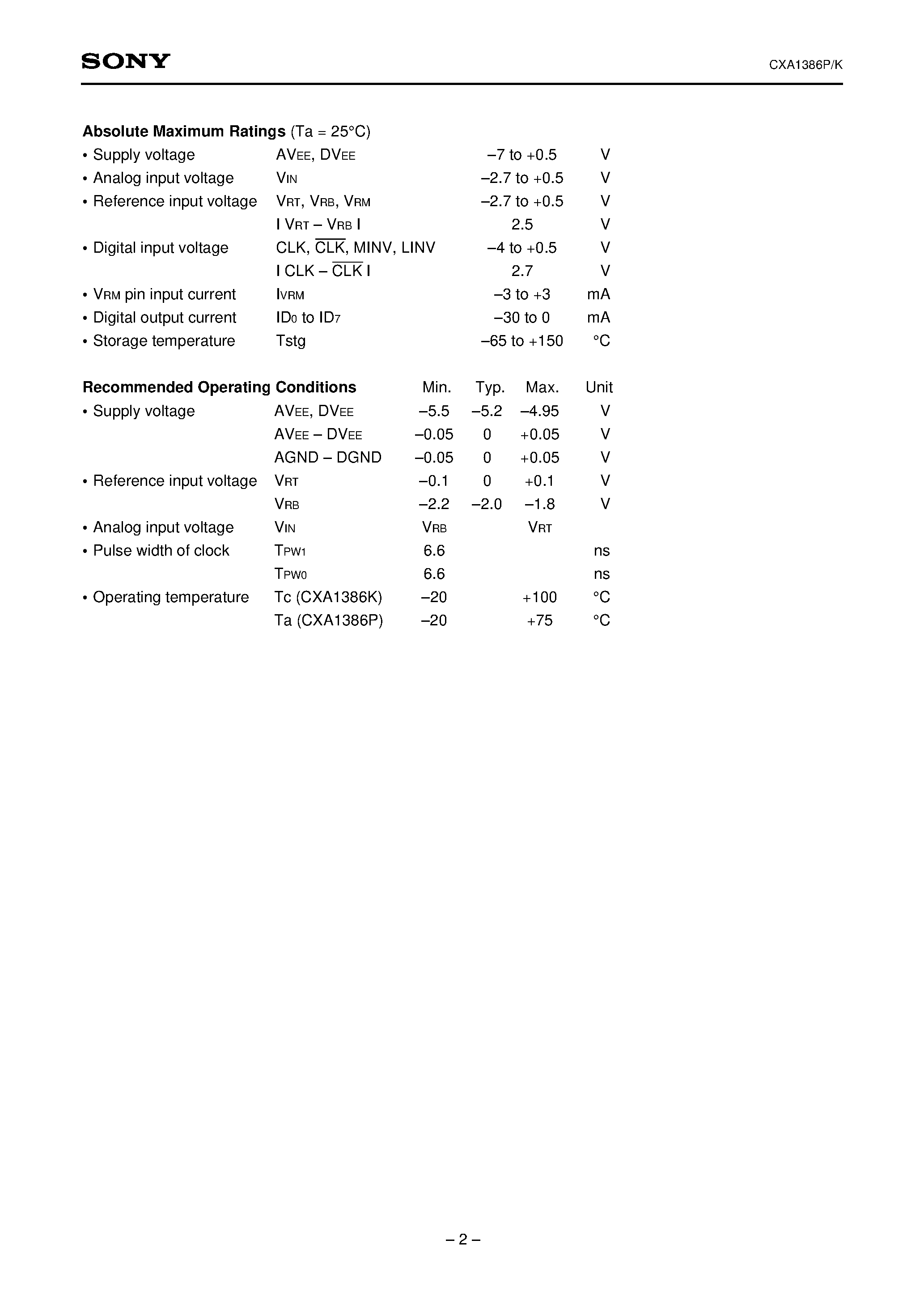 Даташит CXA1386P - 8-bit 75MSPS Flash A/D Converter страница 2
