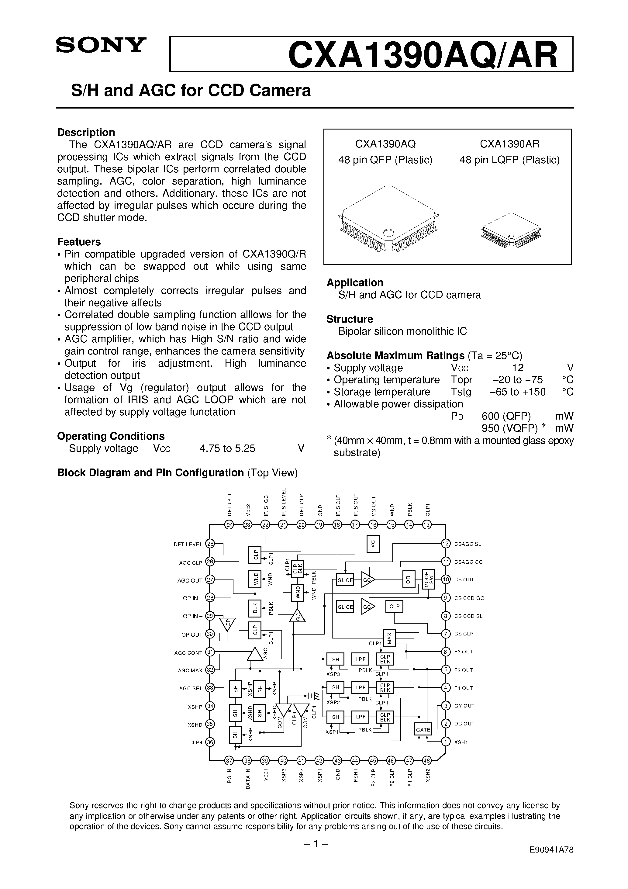 Datasheet CXA1390AR page 1 Datasheet CXA1390AR - S/H and AGC for CCD Camera page 1
