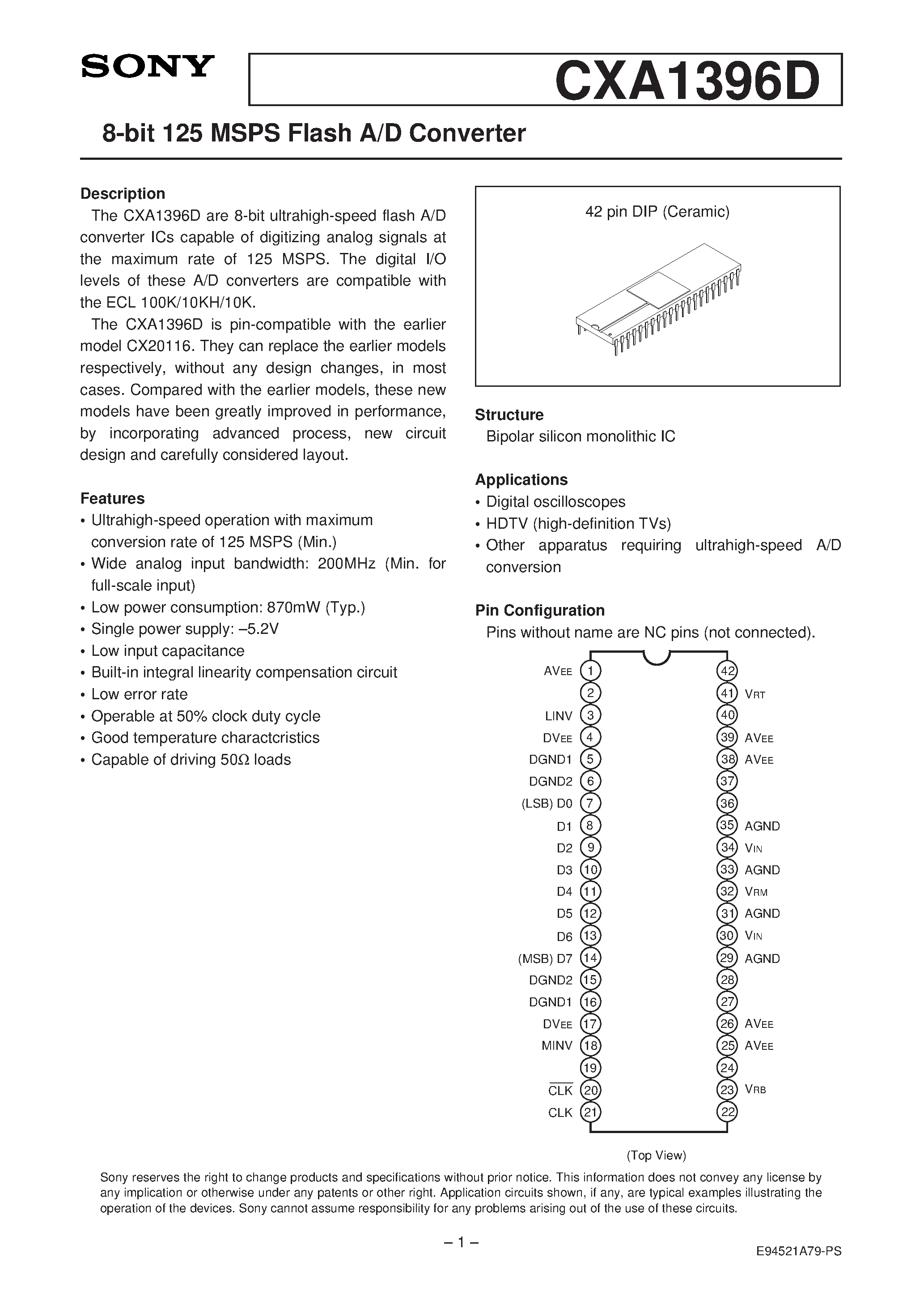 Даташит CXA1396D - 8-bit 125 MSPS Flash A/D Converter страница 1