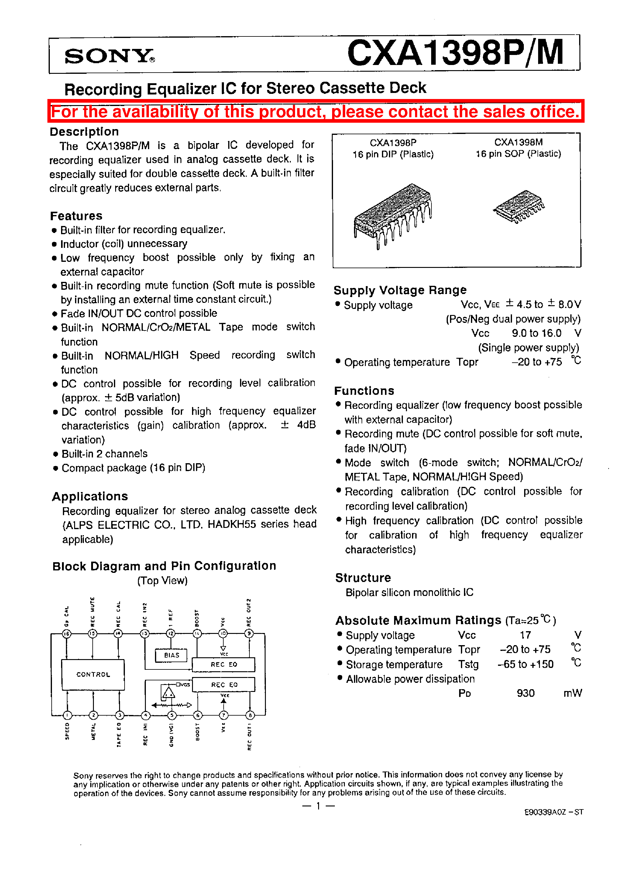 Даташит CXA1398P - RECORDING EQUALIZER IC FOR STEREO CASSETTE DECK страница 1