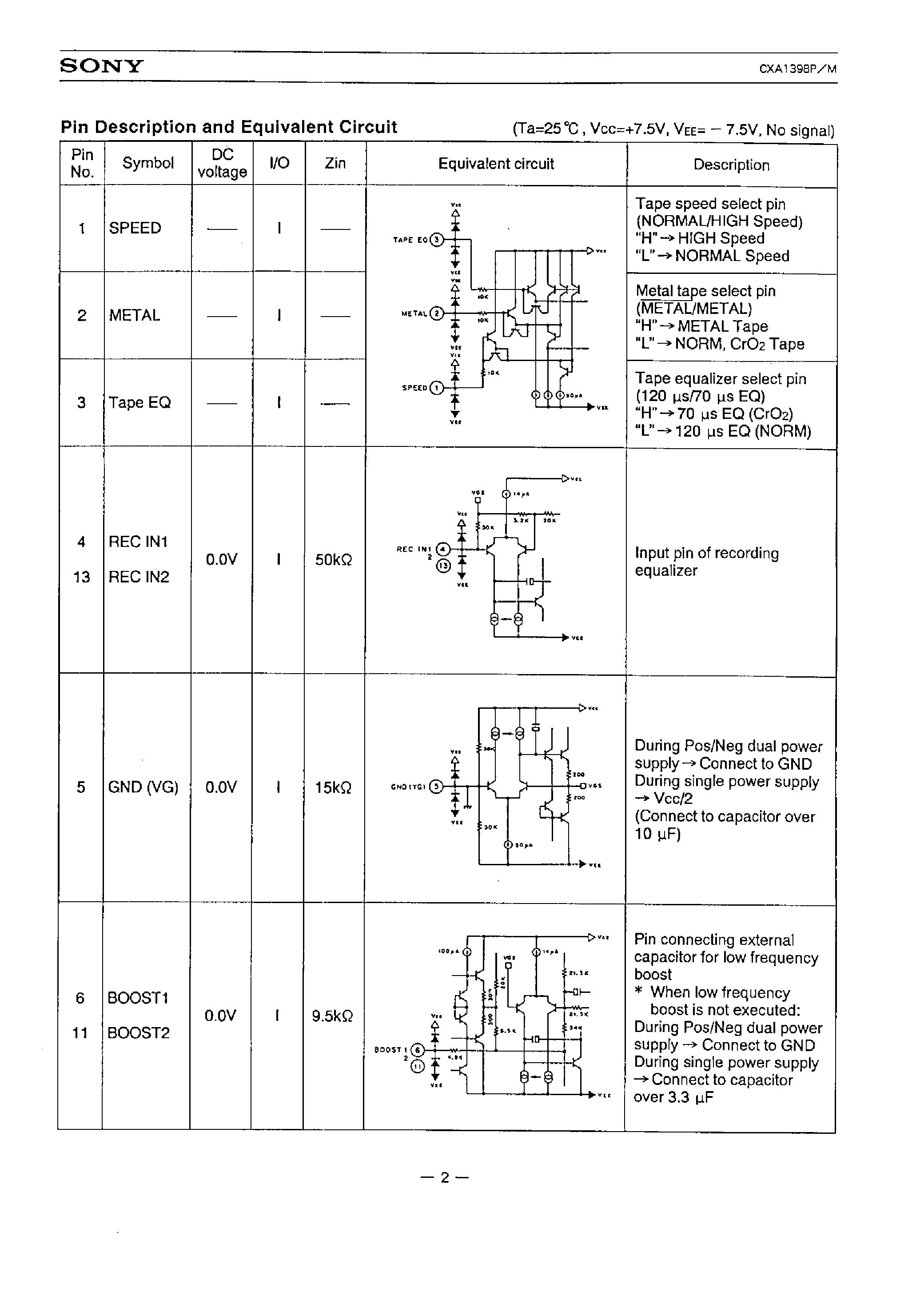 Даташит CXA1398P - RECORDING EQUALIZER IC FOR STEREO CASSETTE DECK страница 2