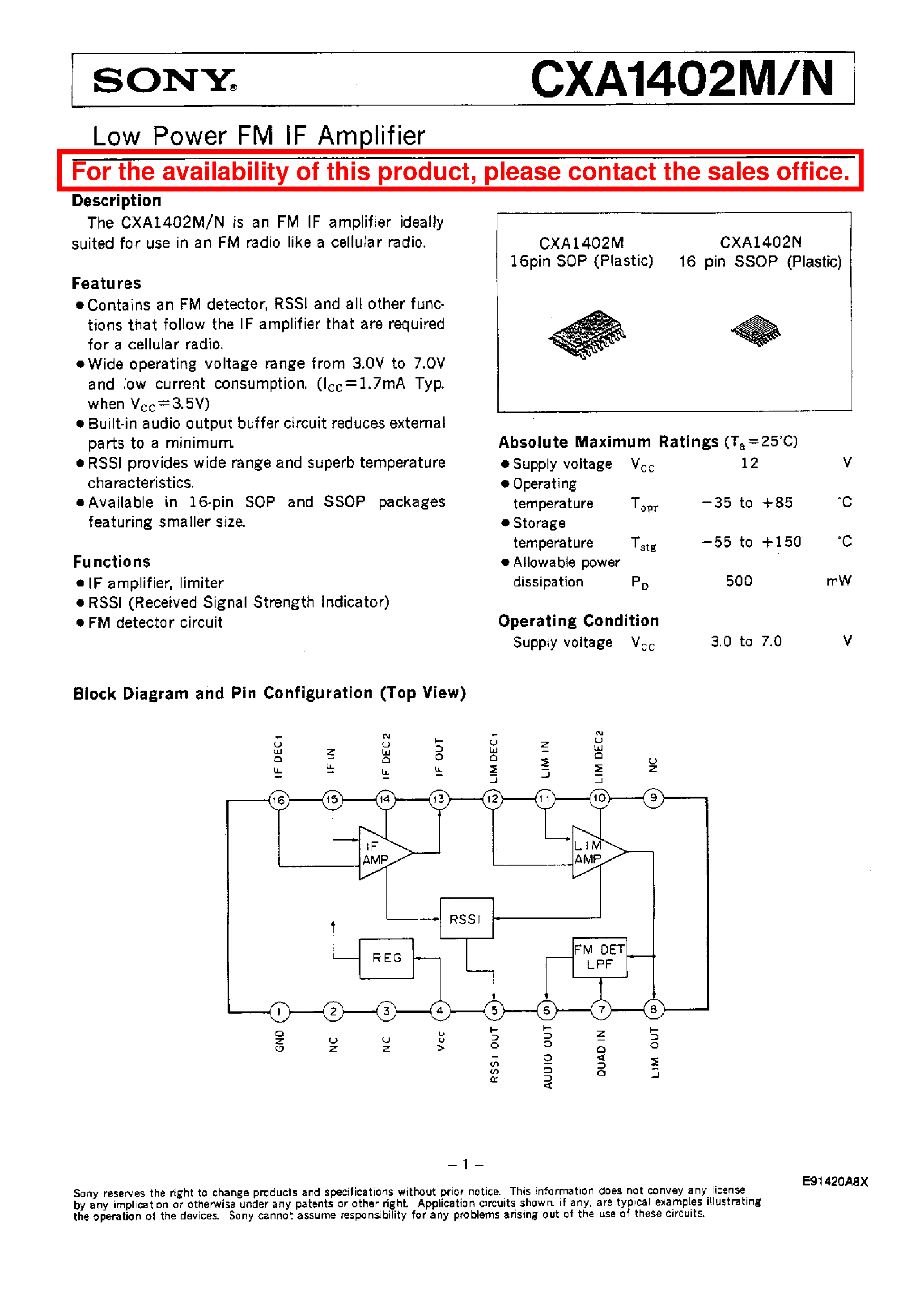Даташит CXA1402N - LOW POWER FM IF AMPLIFIER страница 1