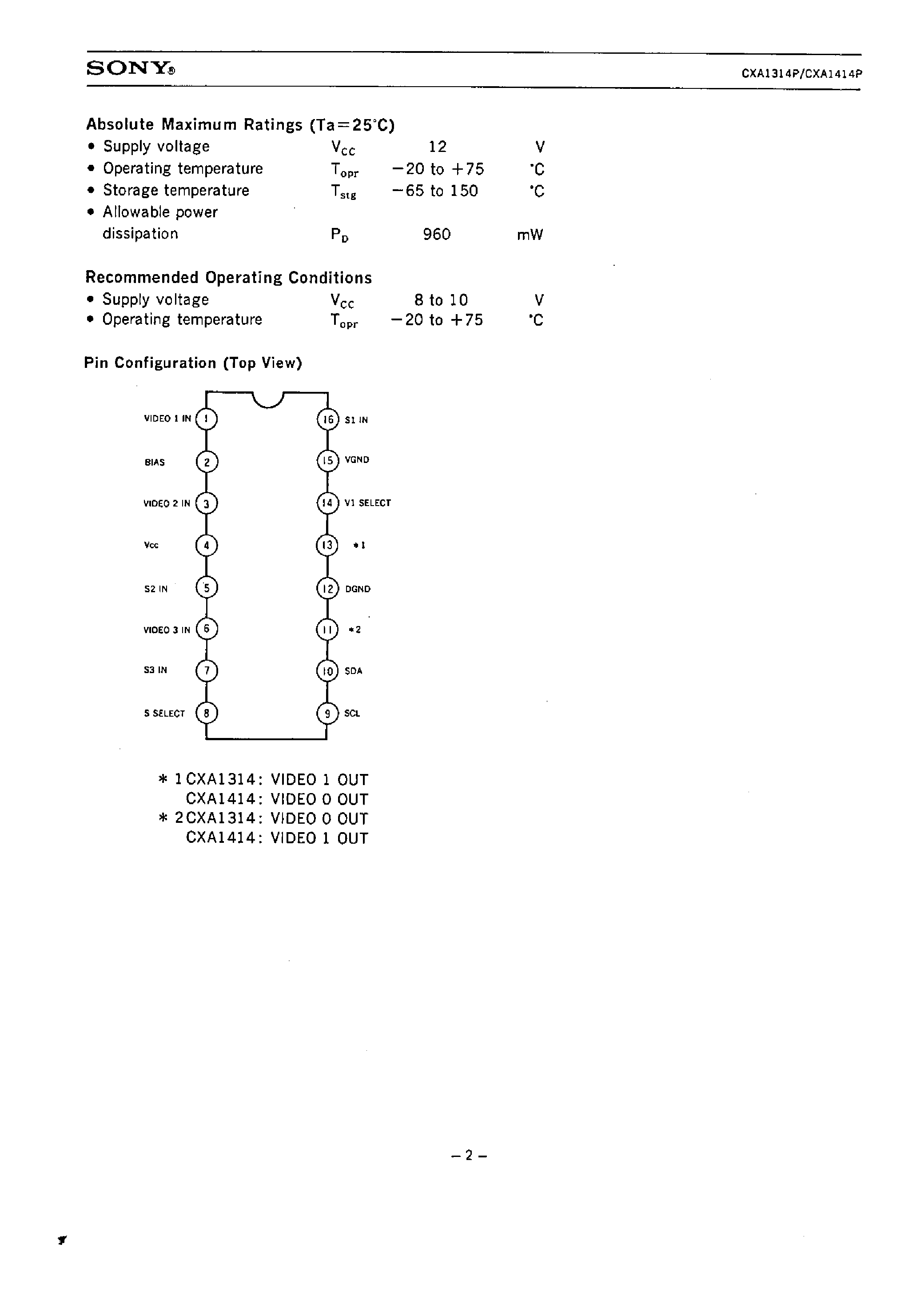 Даташит CXA1414P - VIDEO SWITCH COMPATIBLE WITH I2C BUS страница 2