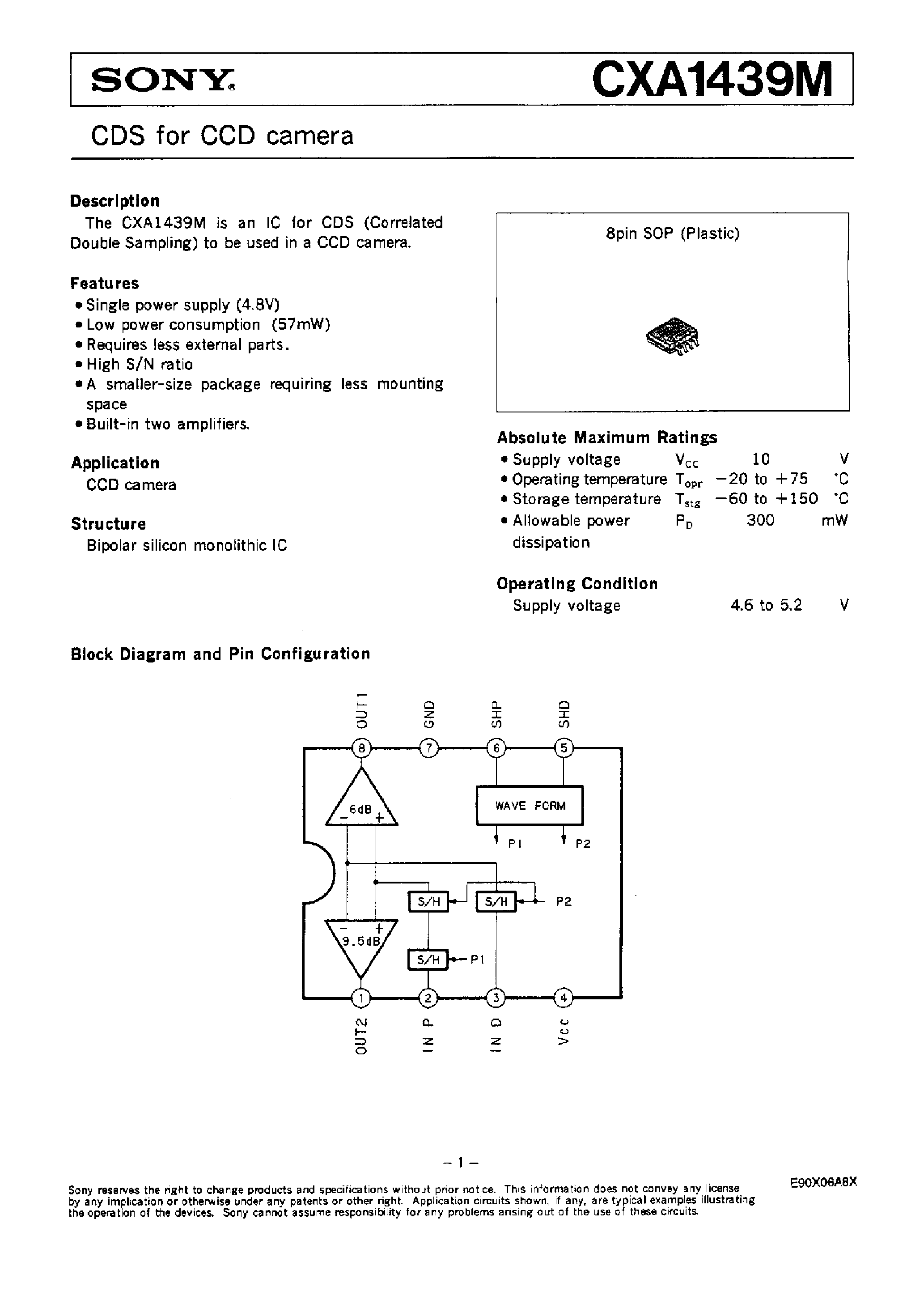 Datasheet CXA1439 page 1 Datasheet CXA1439 - CDS FOR CCD CAMERA page 1