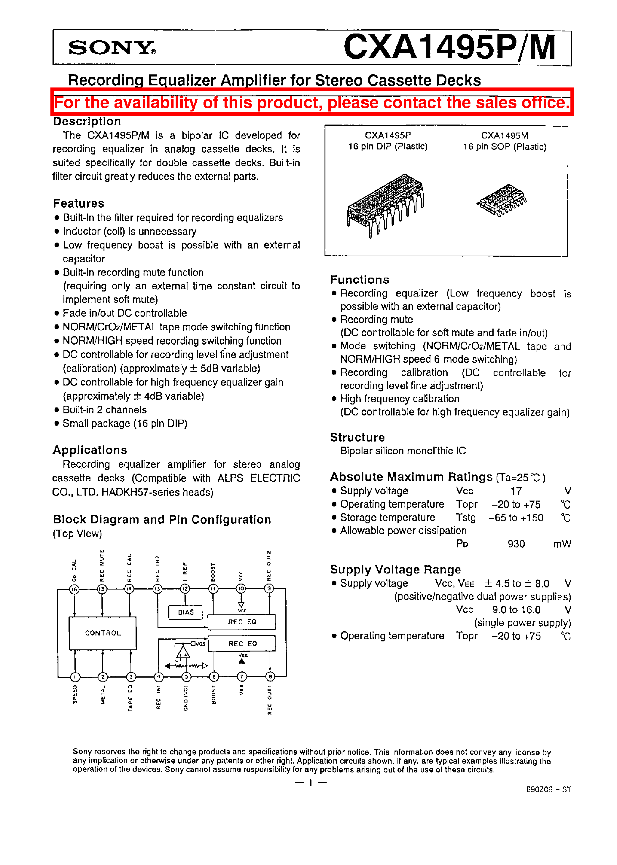 Datasheet CXA1495P - RECORDING EQUALIZER AMPLIFIER FOR STEREO CASSETTE DECKS page 1