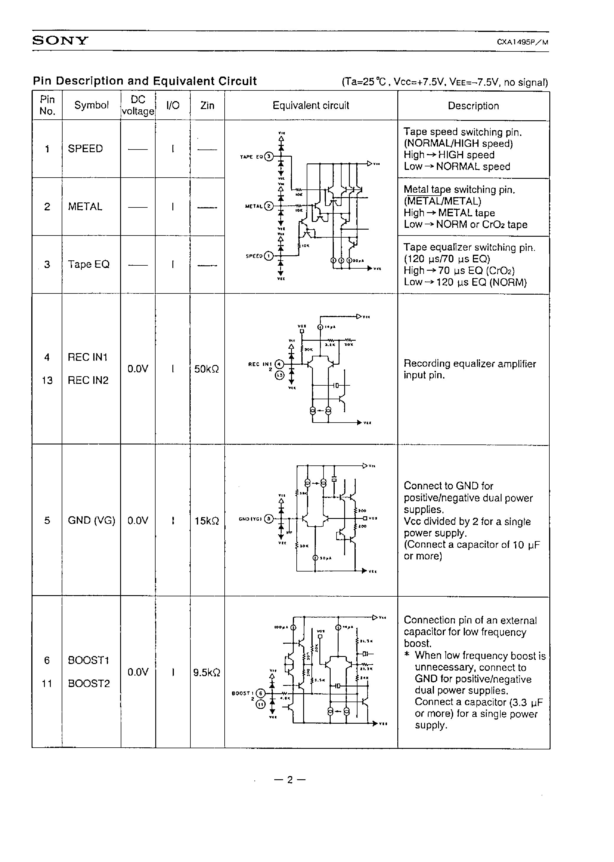 Datasheet CXA1495P - RECORDING EQUALIZER AMPLIFIER FOR STEREO CASSETTE DECKS page 2