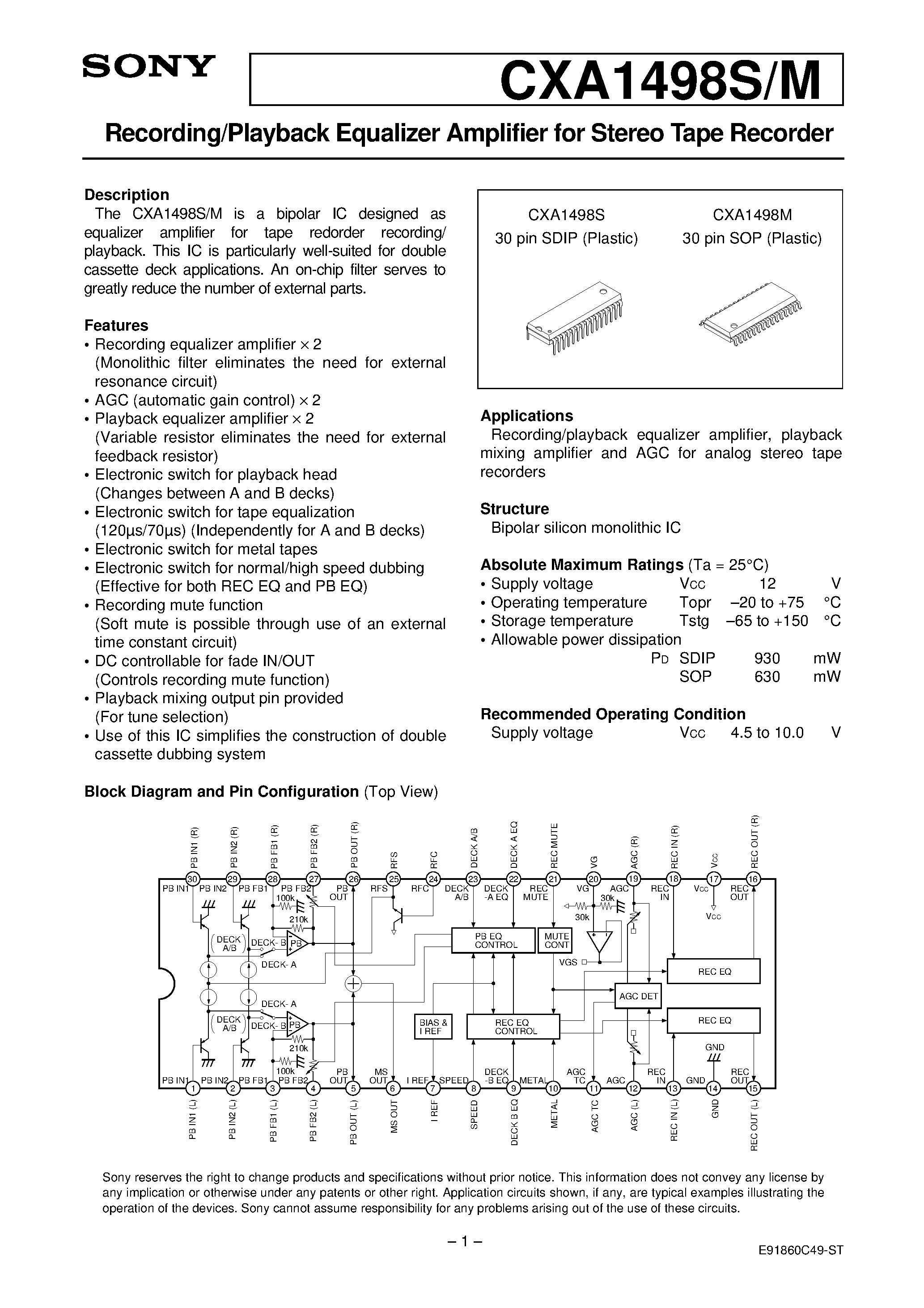 Даташит CXA1498S - Recording/Playback Equalizer Amplifier for Stereo Tape Recorder страница 1