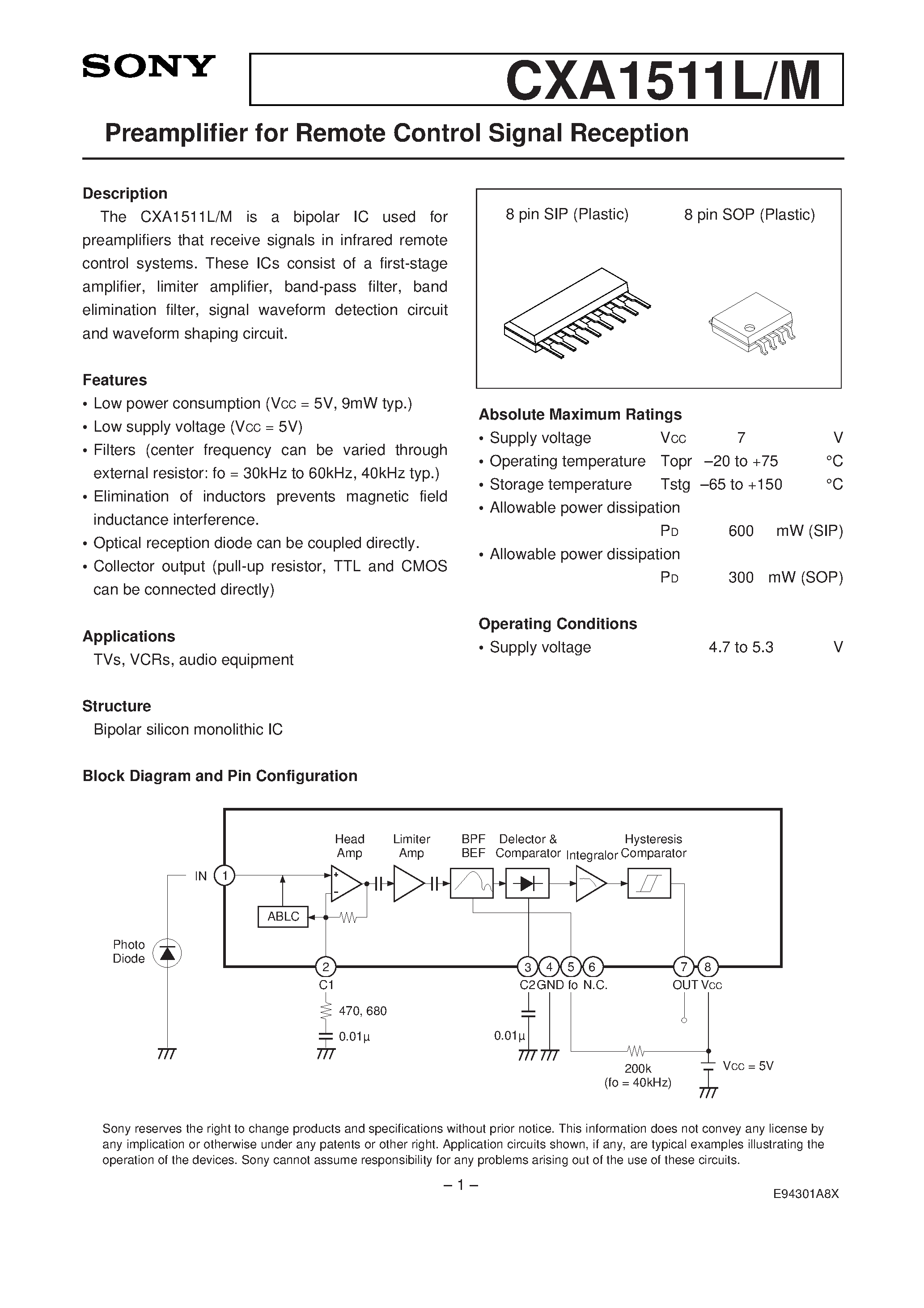 Даташит CXA1511L - Preamplifier for Remote Control Signal Reception страница 1