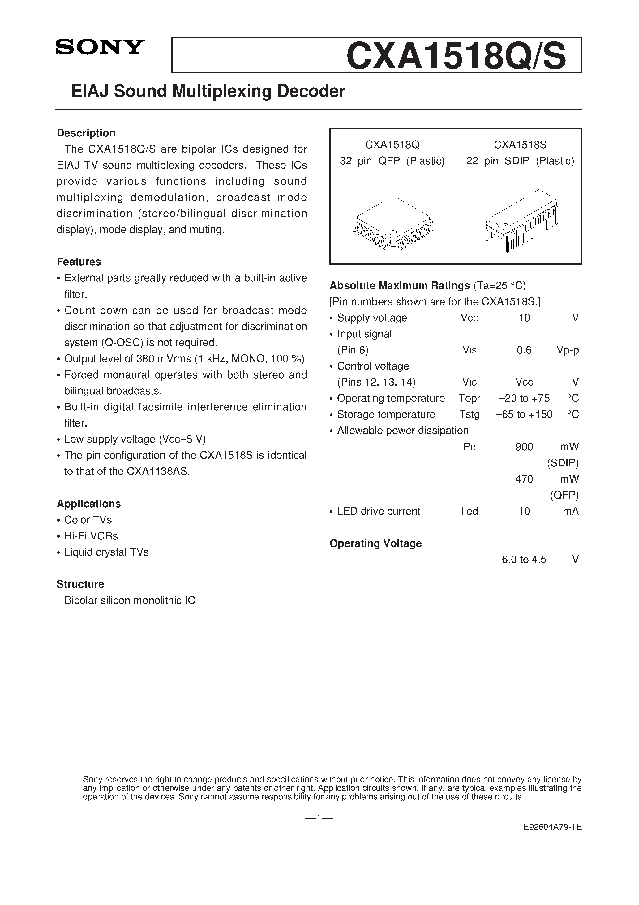 Даташит CXA1518S - EIAJ Sound Multiplexing Decoder страница 1