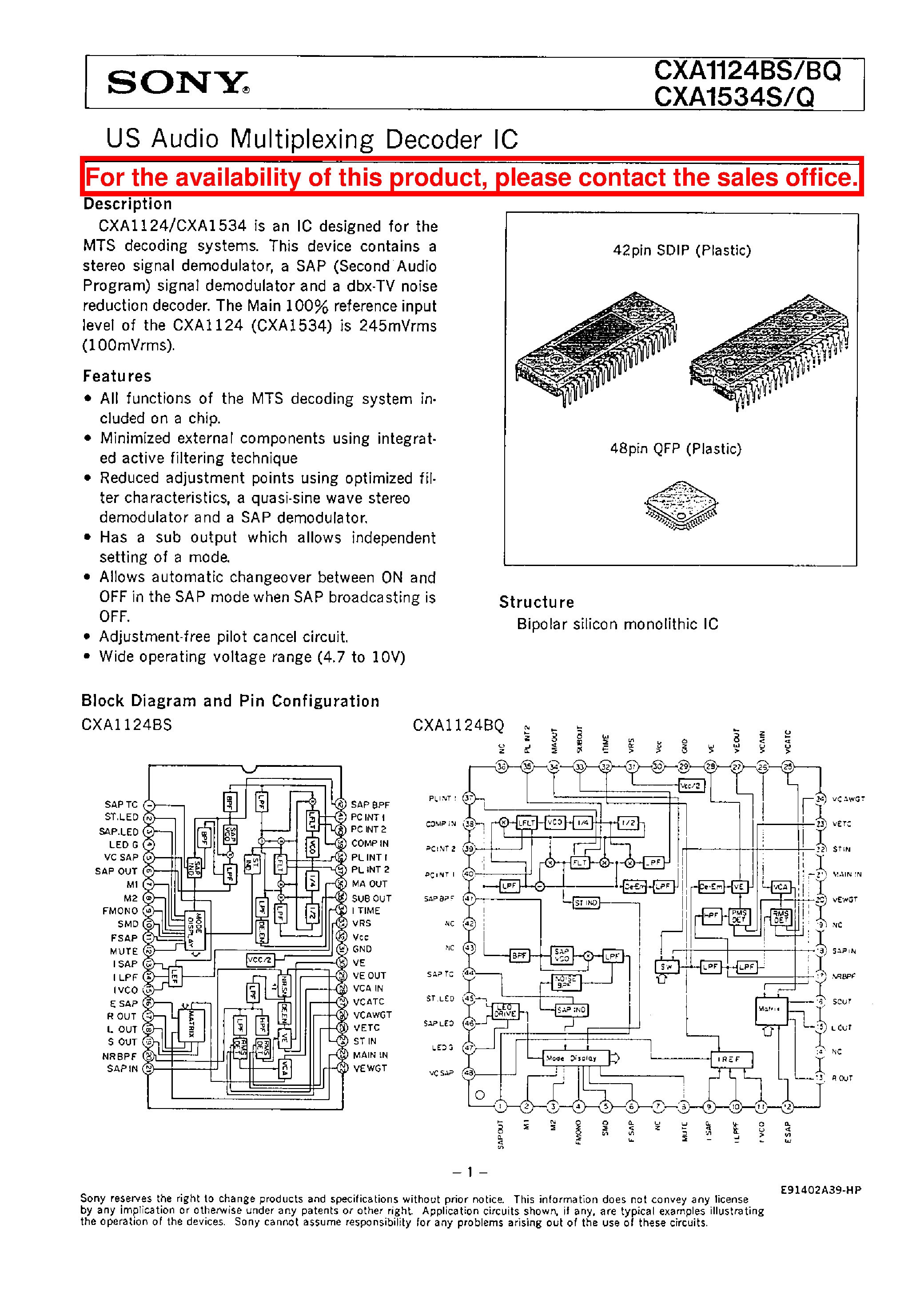 Datasheet CXA1534S - US AUDIO MULTIPLEXING DECODER IC page 1