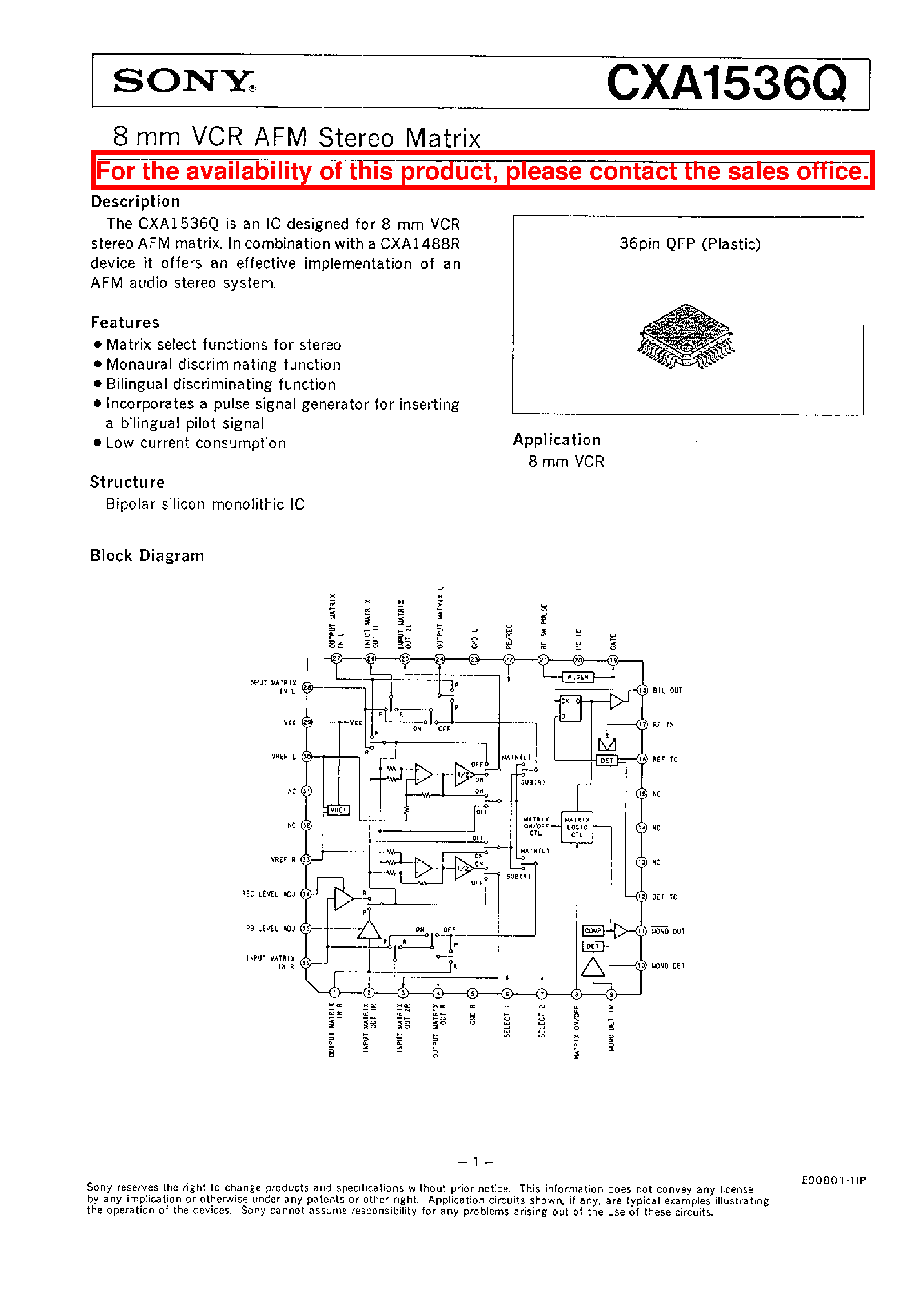 Datasheet CXA1536Q page 1 Datasheet CXA1536Q - 8 mm VCR AFM STEREO MATRIX page 1