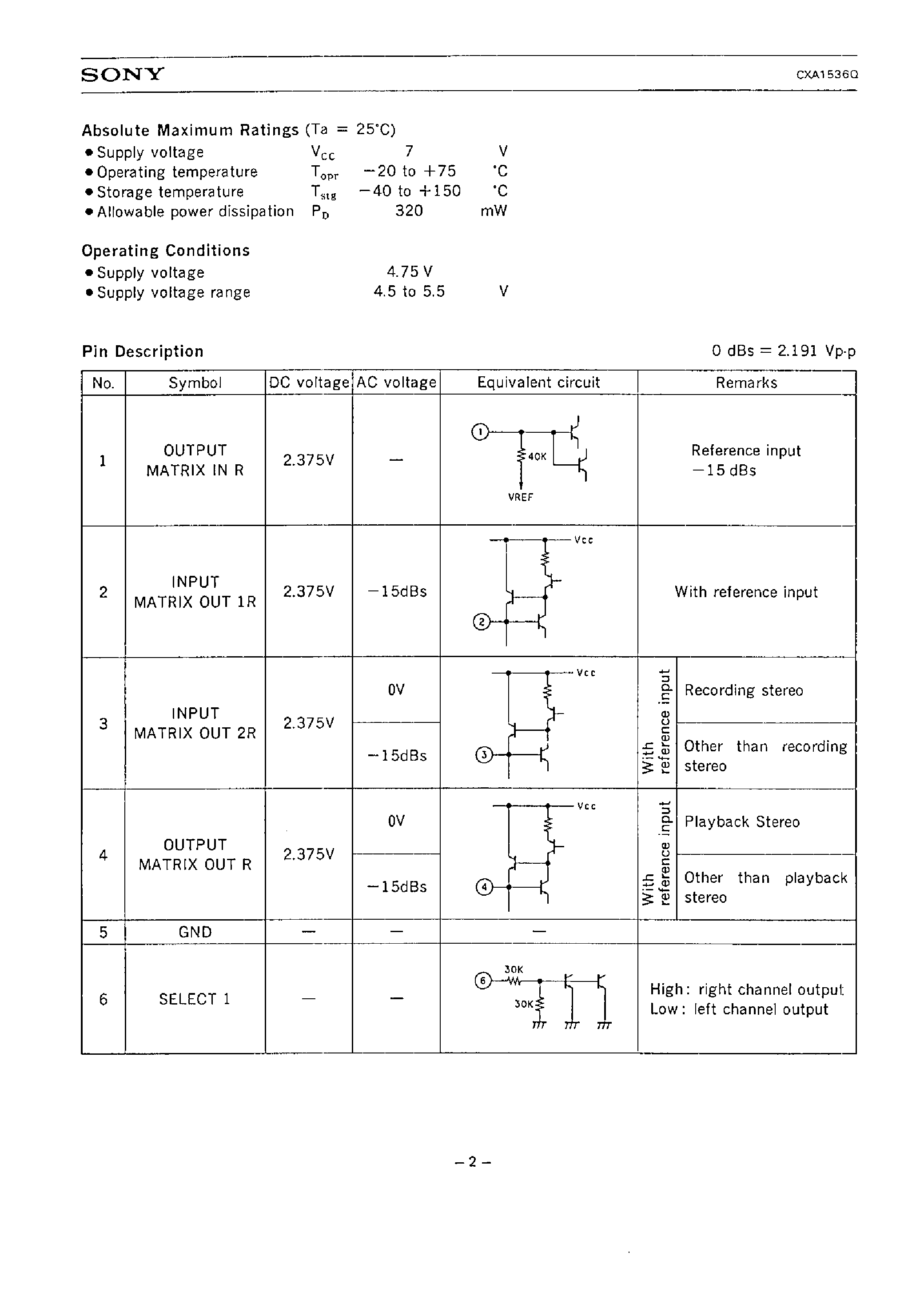 Datasheet CXA1536Q page 2 Datasheet CXA1536Q - 8 mm VCR AFM STEREO MATRIX page 2