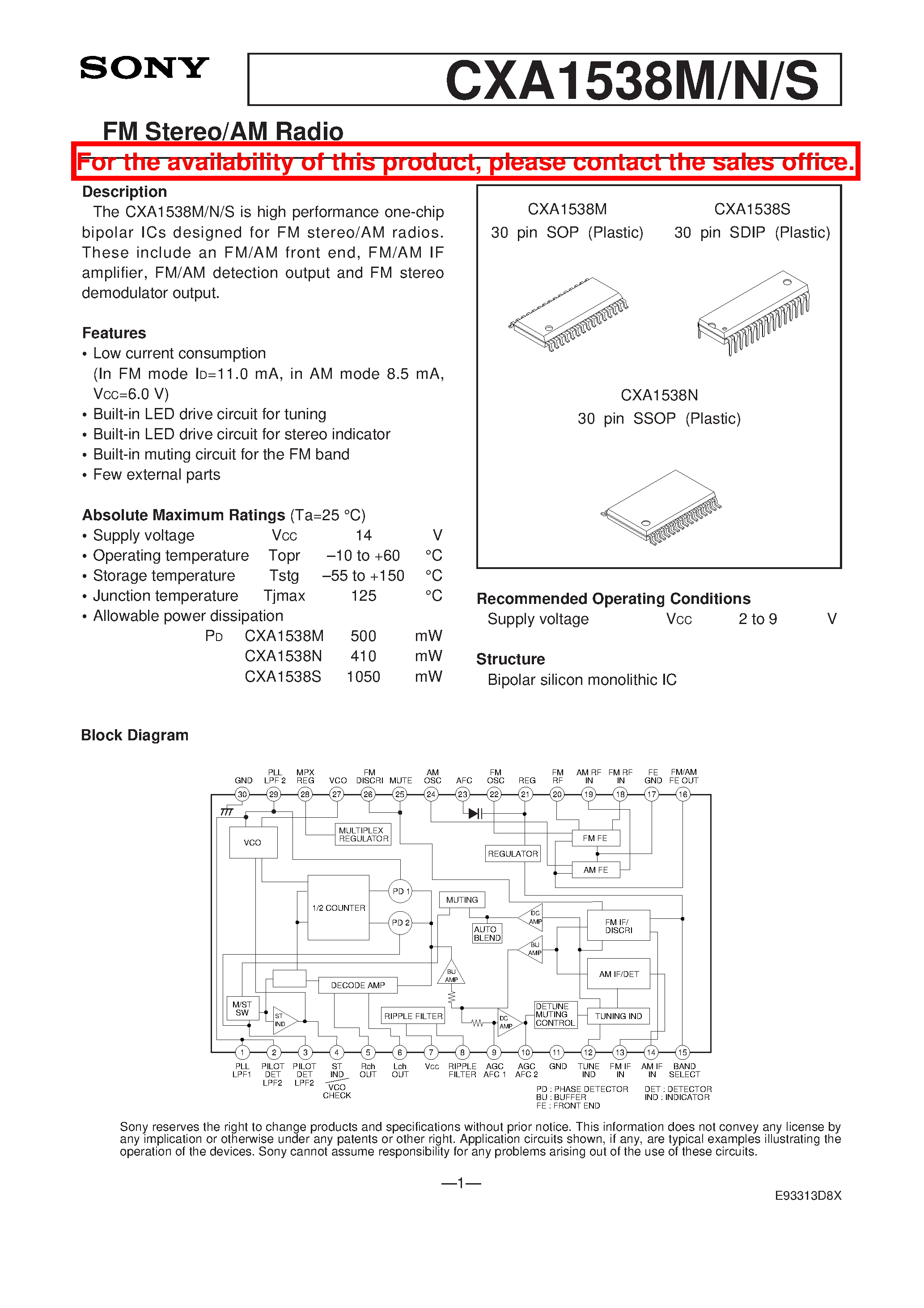 Datasheet CXA1538 - FM STEREO/AM RADIO page 1