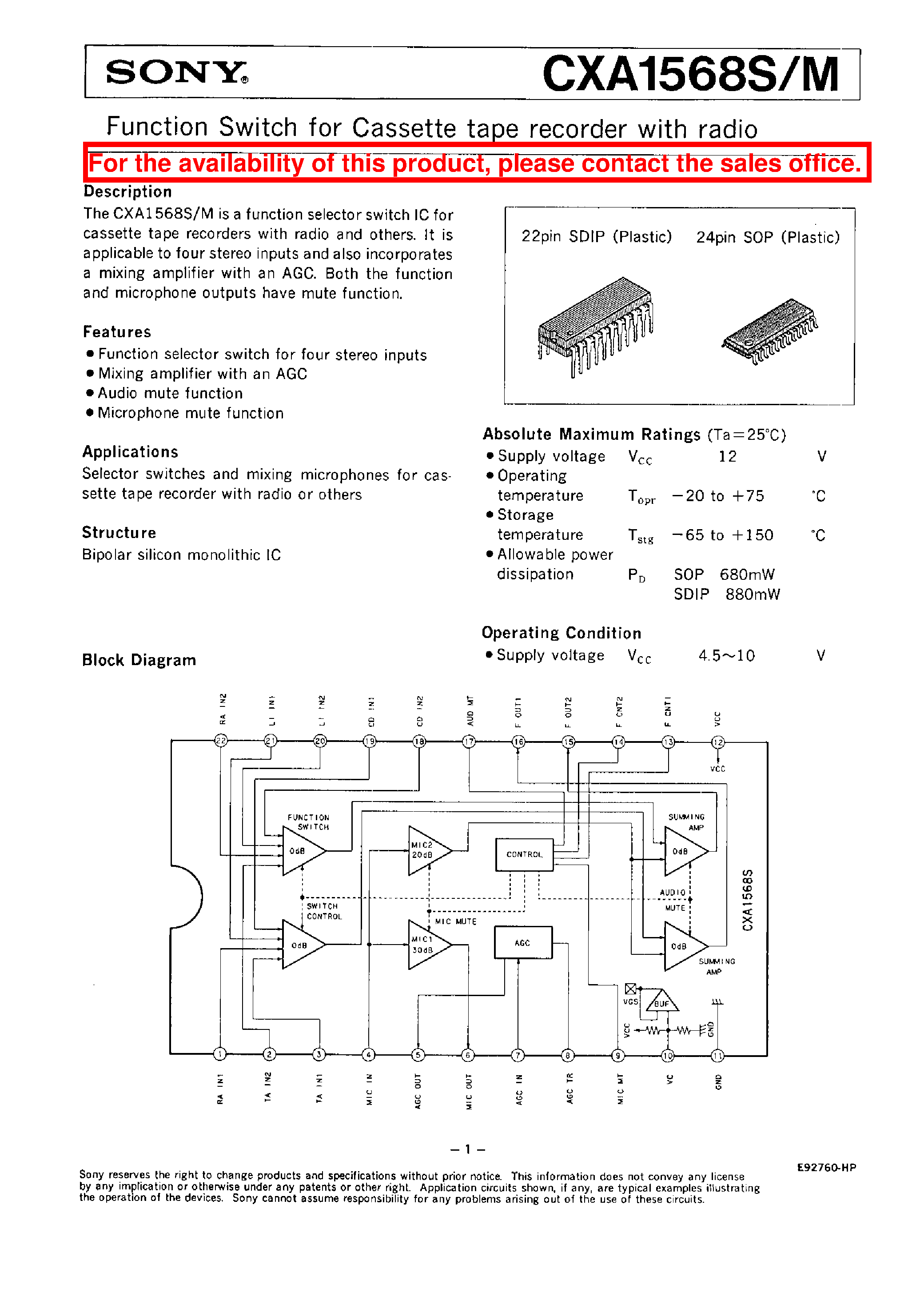 Datasheet CXA1568M - FUNCTION SWITCH FOR CASSETTE TAPE RECORDER WITH RADIO page 1