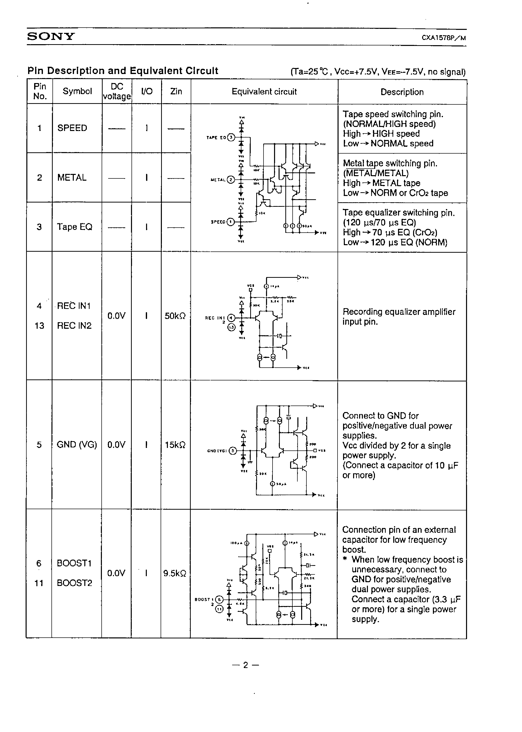 Datasheet CXA1578M - RECORDING EQUALIZER AMPLIFIER FOR STEREO CASSETTE DECKS page 2