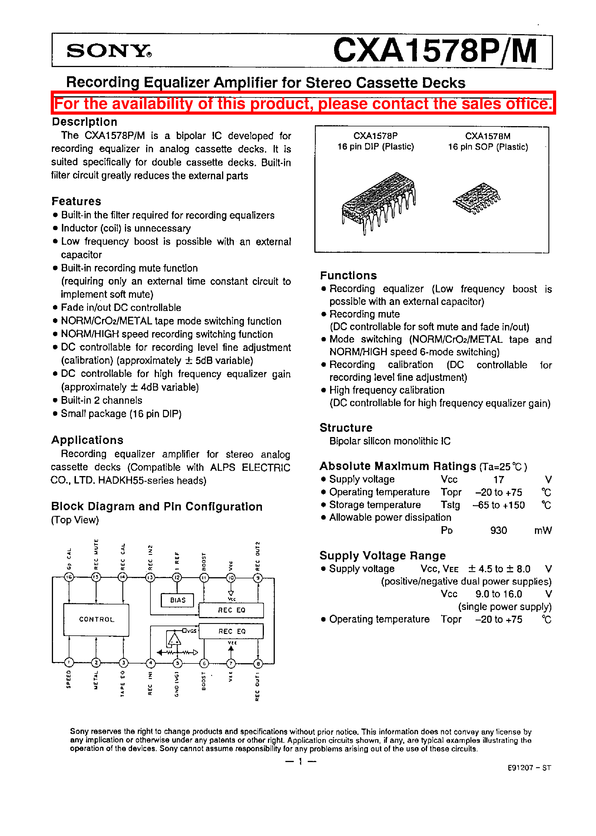 Datasheet CXA1578P - RECORDING EQUALIZER AMPLIFIER FOR STEREO CASSETTE DECKS page 1