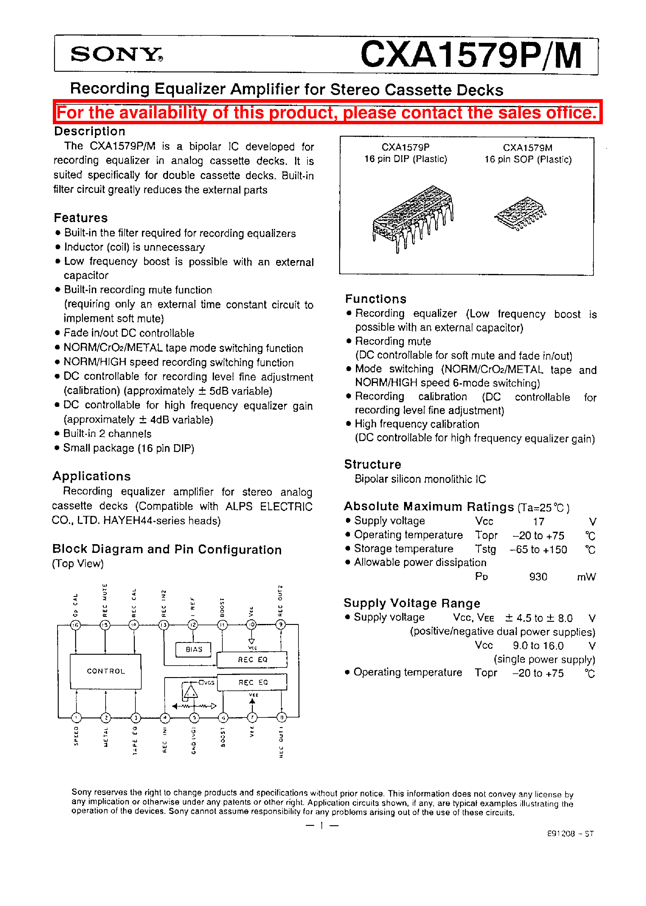 Datasheet CXA1579P - RECORDING EQUALIZER AMPLIFIER FOR STEREO CASSETTE DECKS page 1