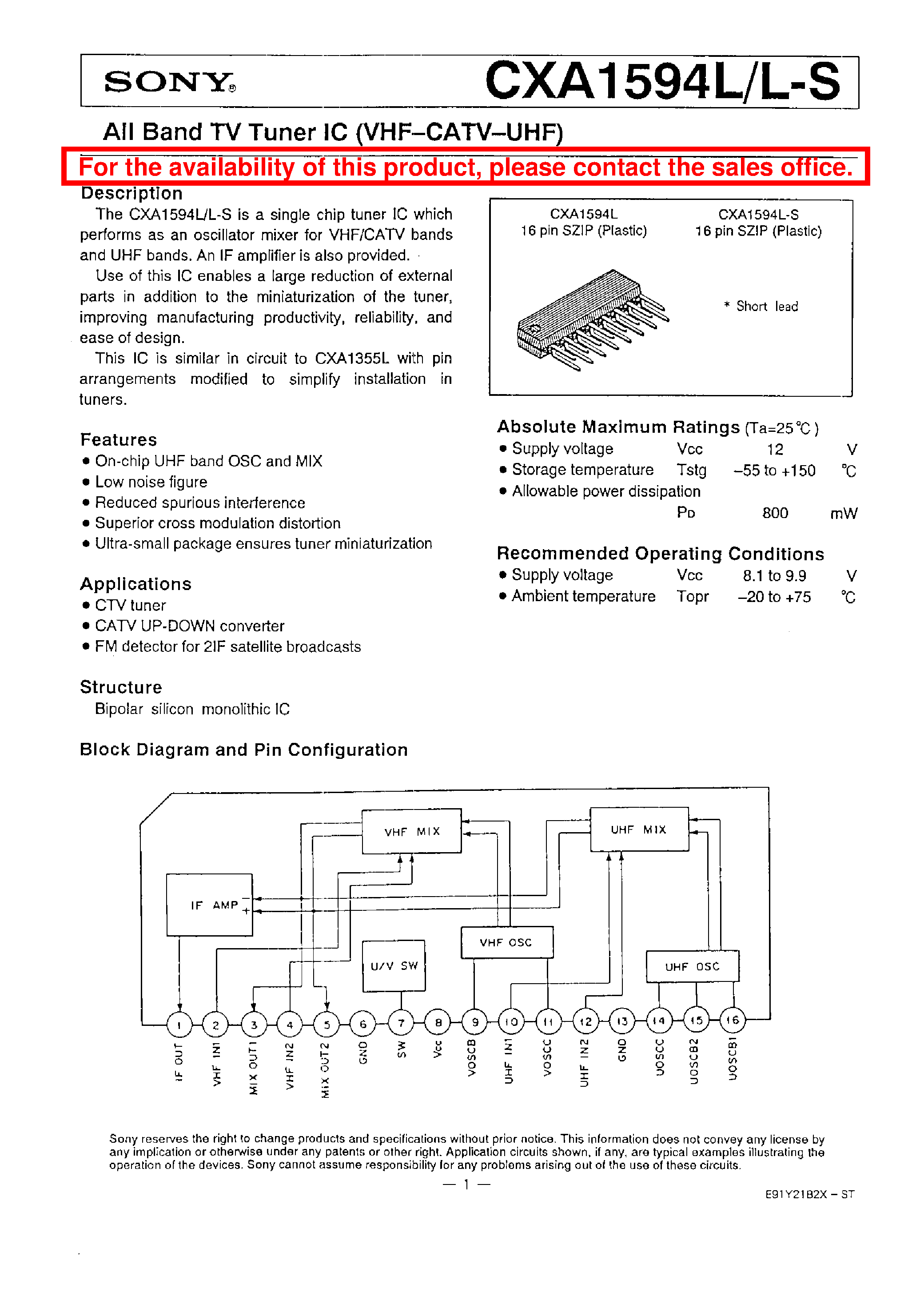 Datasheet CXA1594L-S - ALL BAND TV TUNER IC (VHF-CATV-UHF) page 1