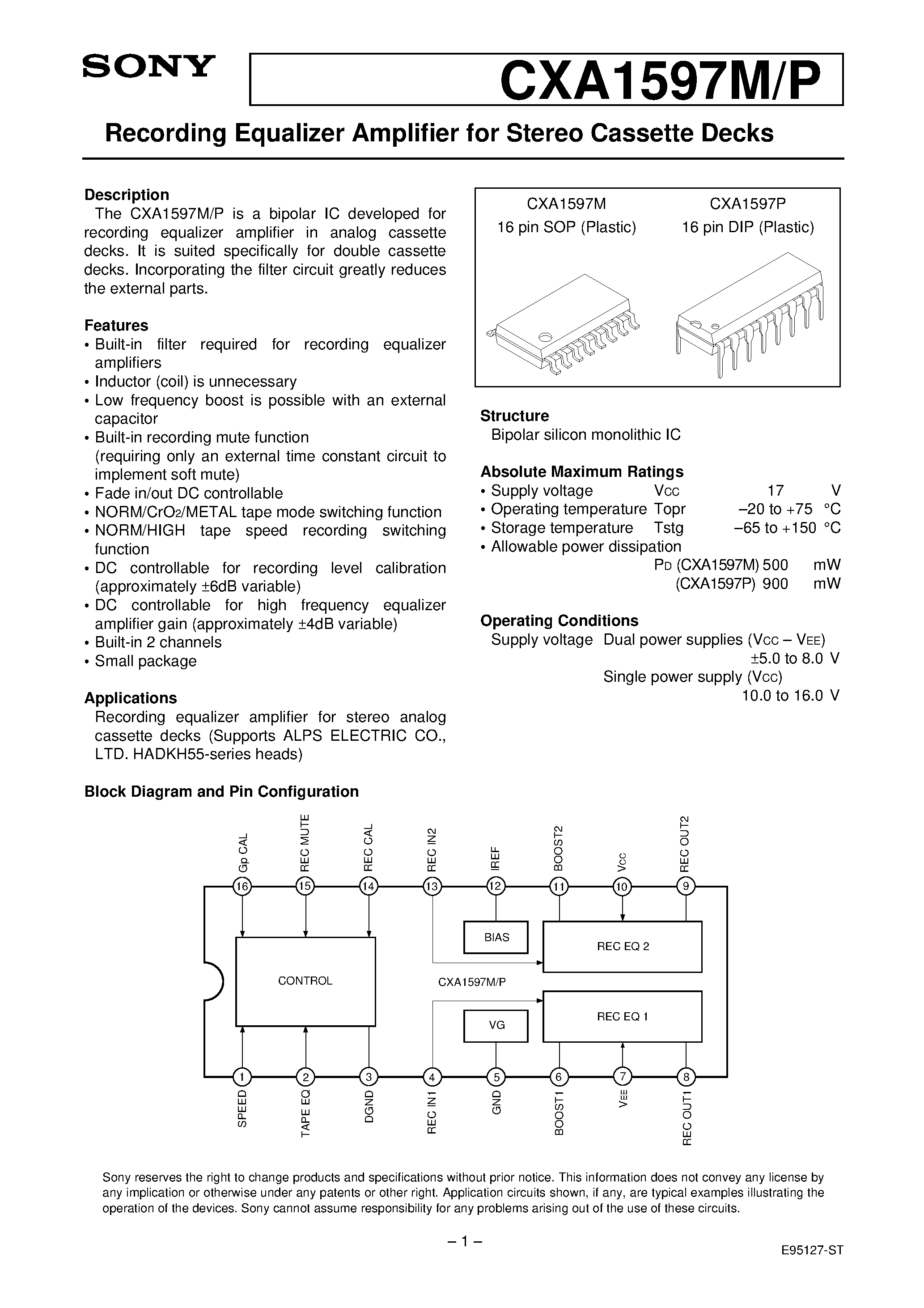 Datasheet CXA1597P - Recording Equalizer Amplifier for Stereo Cassette Decks page 1