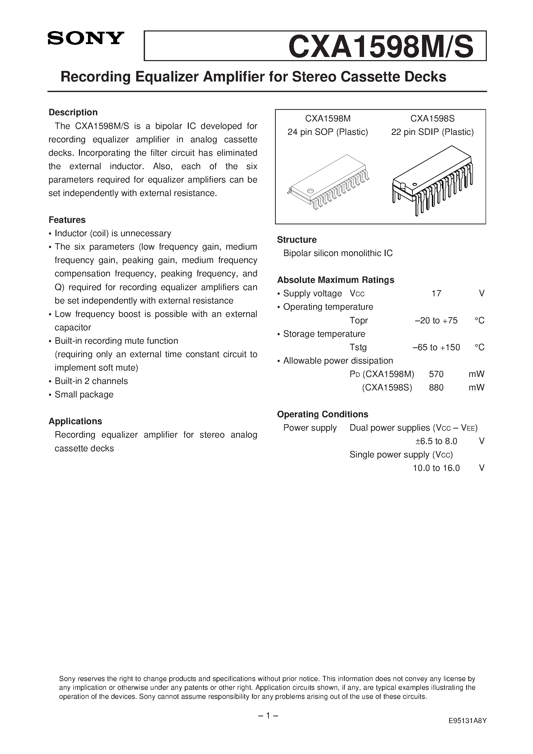 Datasheet CXA1598 - Recording Equalizer Amplifier for Stereo Cassette Decks page 1
