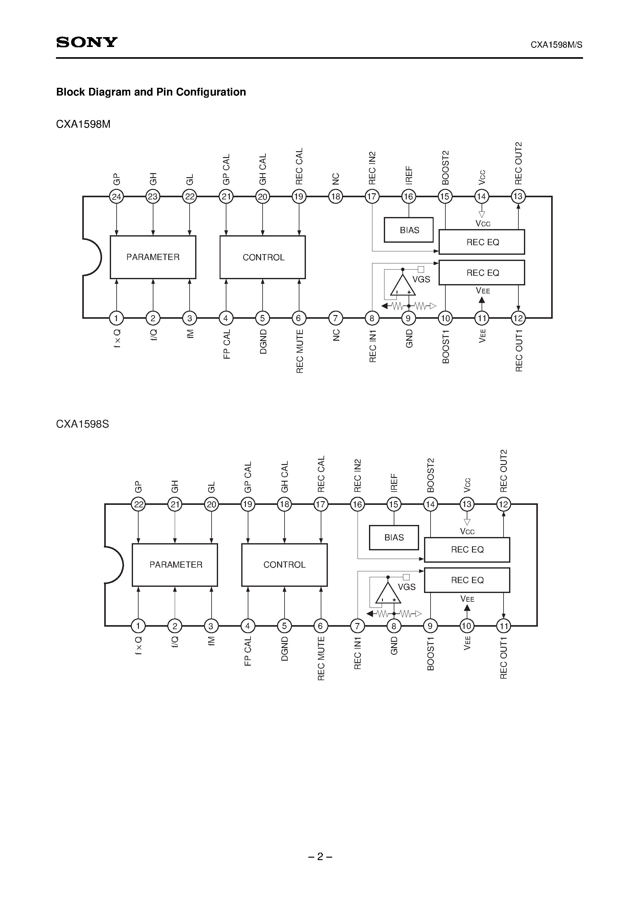Datasheet CXA1598S - Recording Equalizer Amplifier for Stereo Cassette Decks page 2