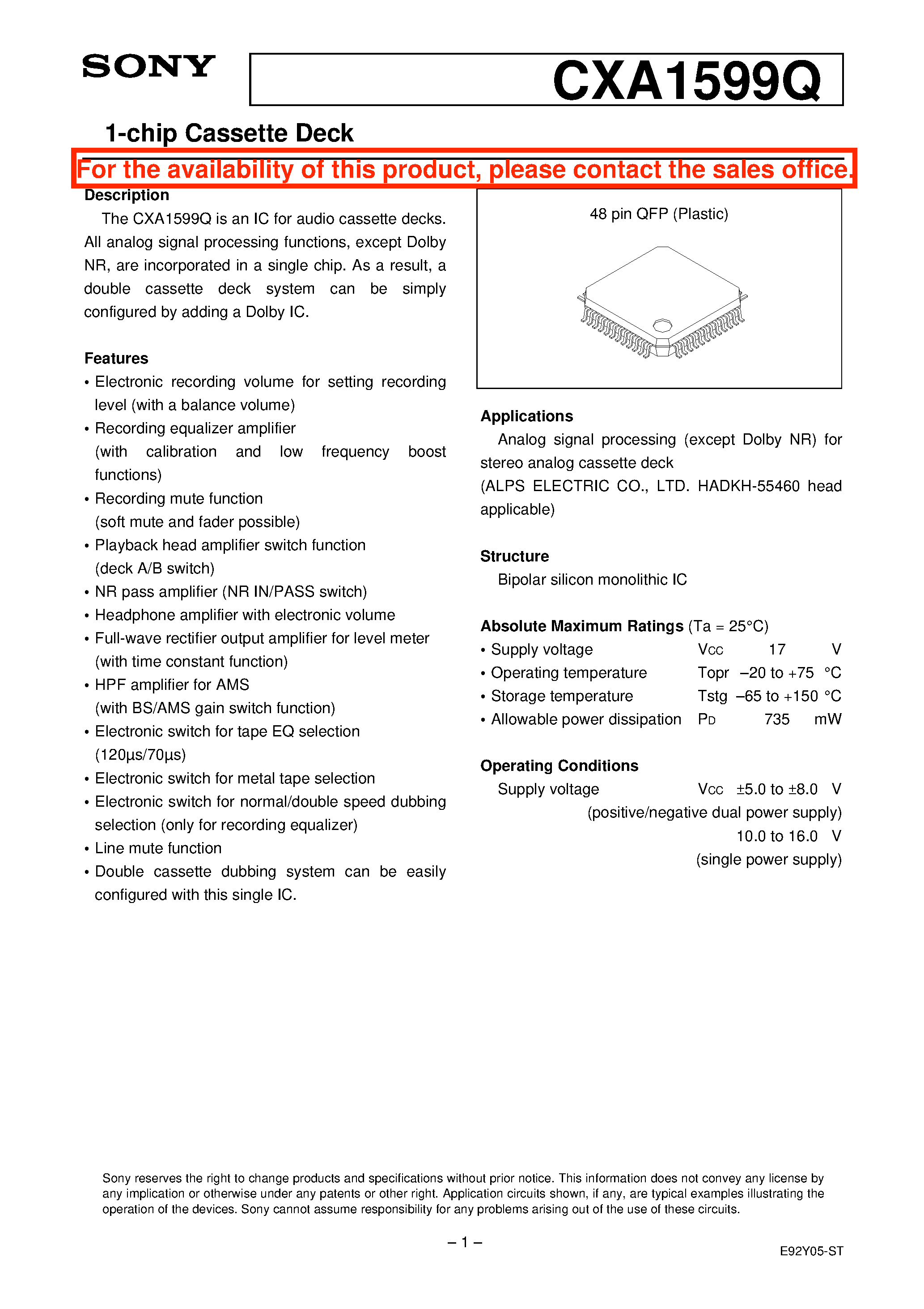 Datasheet CXA1599Q - 1-chip Cassette Deck page 1