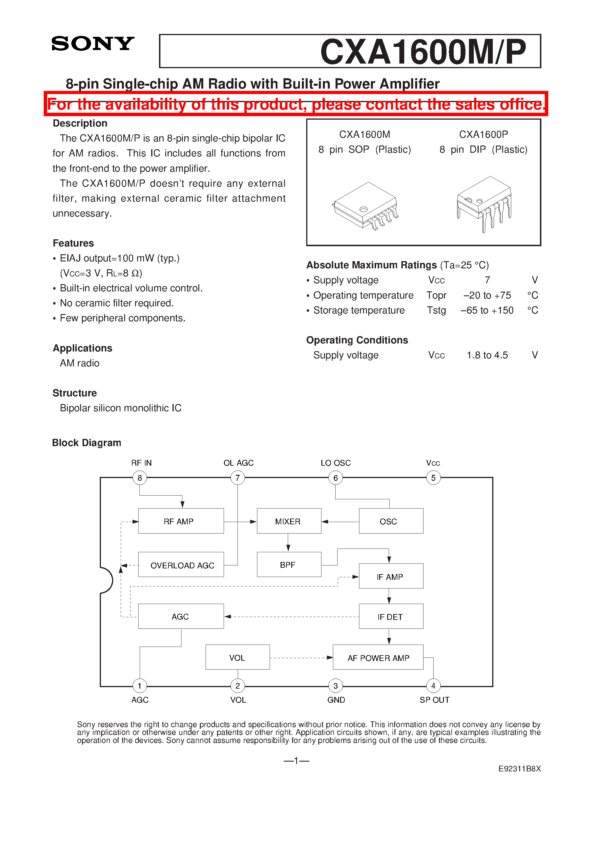 Datasheet CXA1600P - 8-pin Single-chip AM Radio with Built-in Power Amplifier page 1