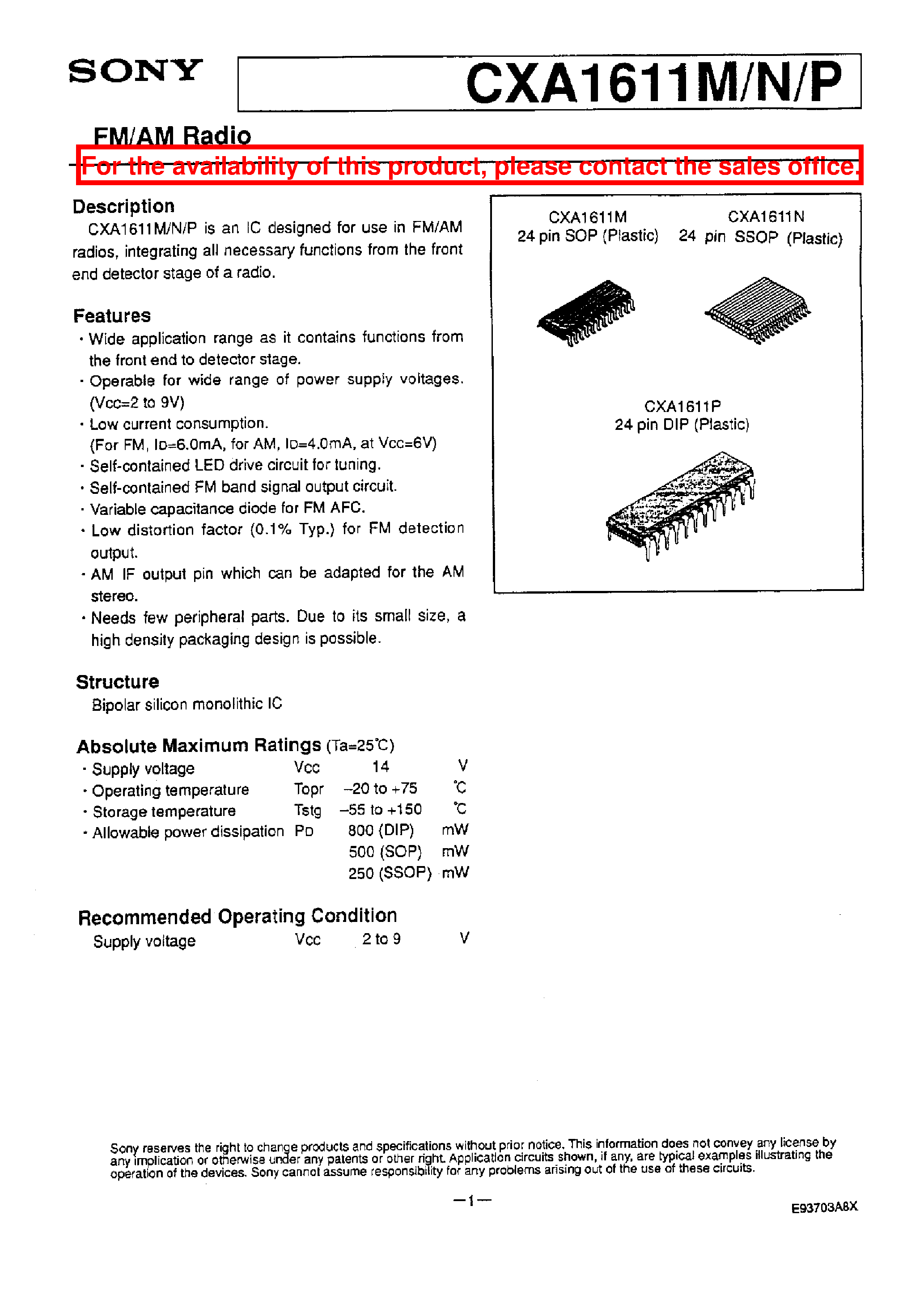 Datasheet CXA1611P - FM/AM RADIO page 1