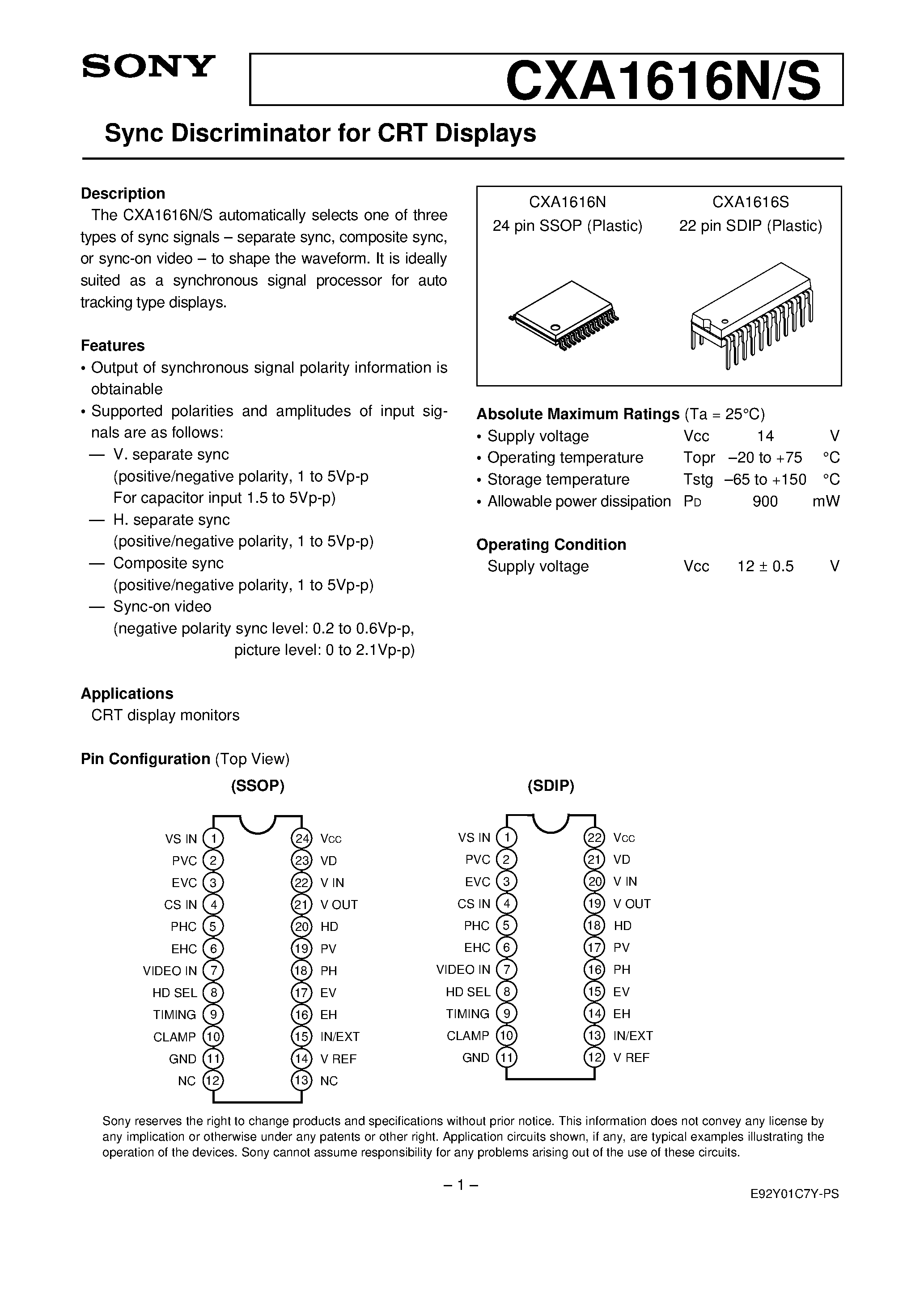 Datasheet CXA1616N - Sync Discriminator for CRT Displays page 1
