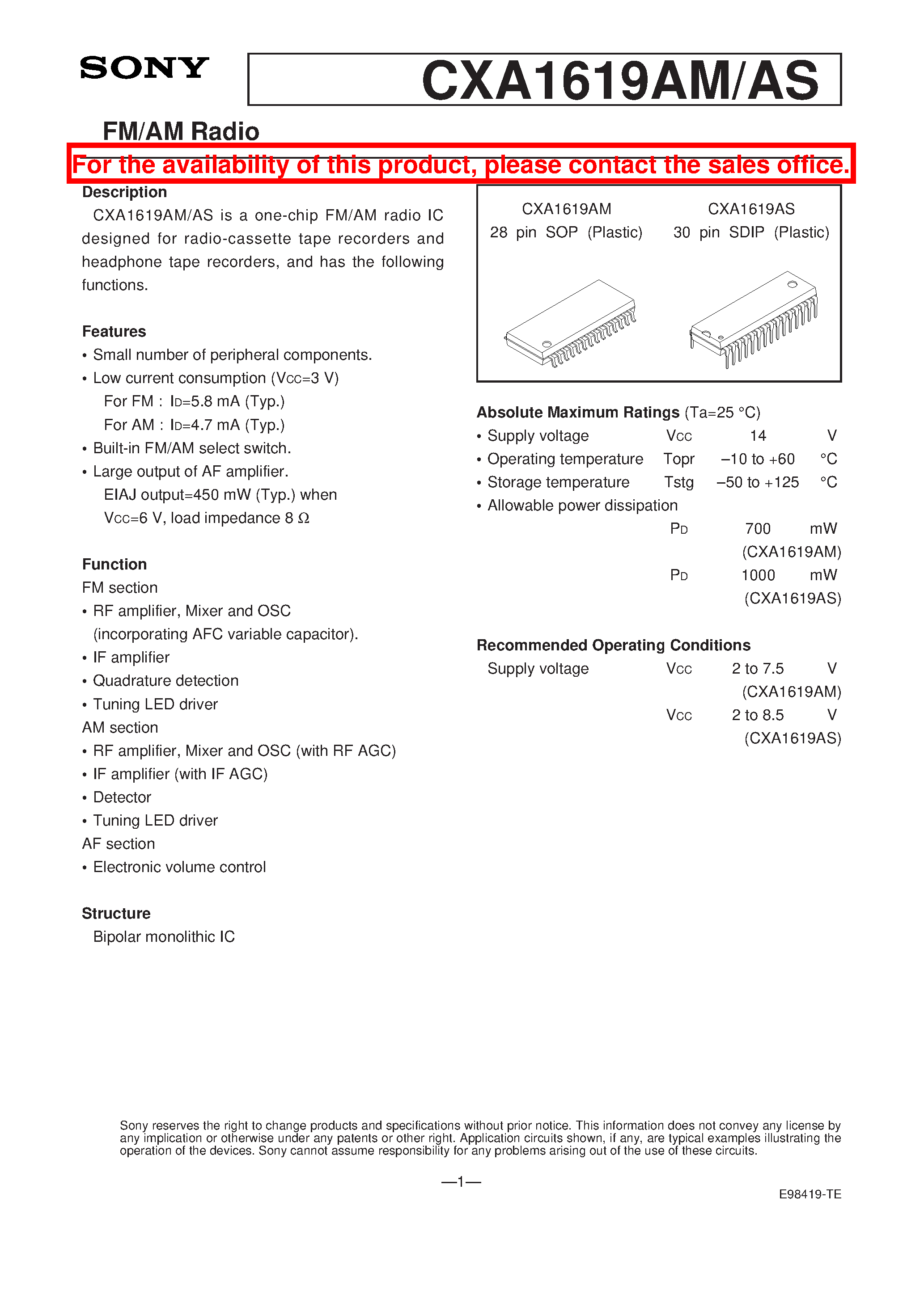 Datasheet CXA1619AS - FM/AM Radio page 1