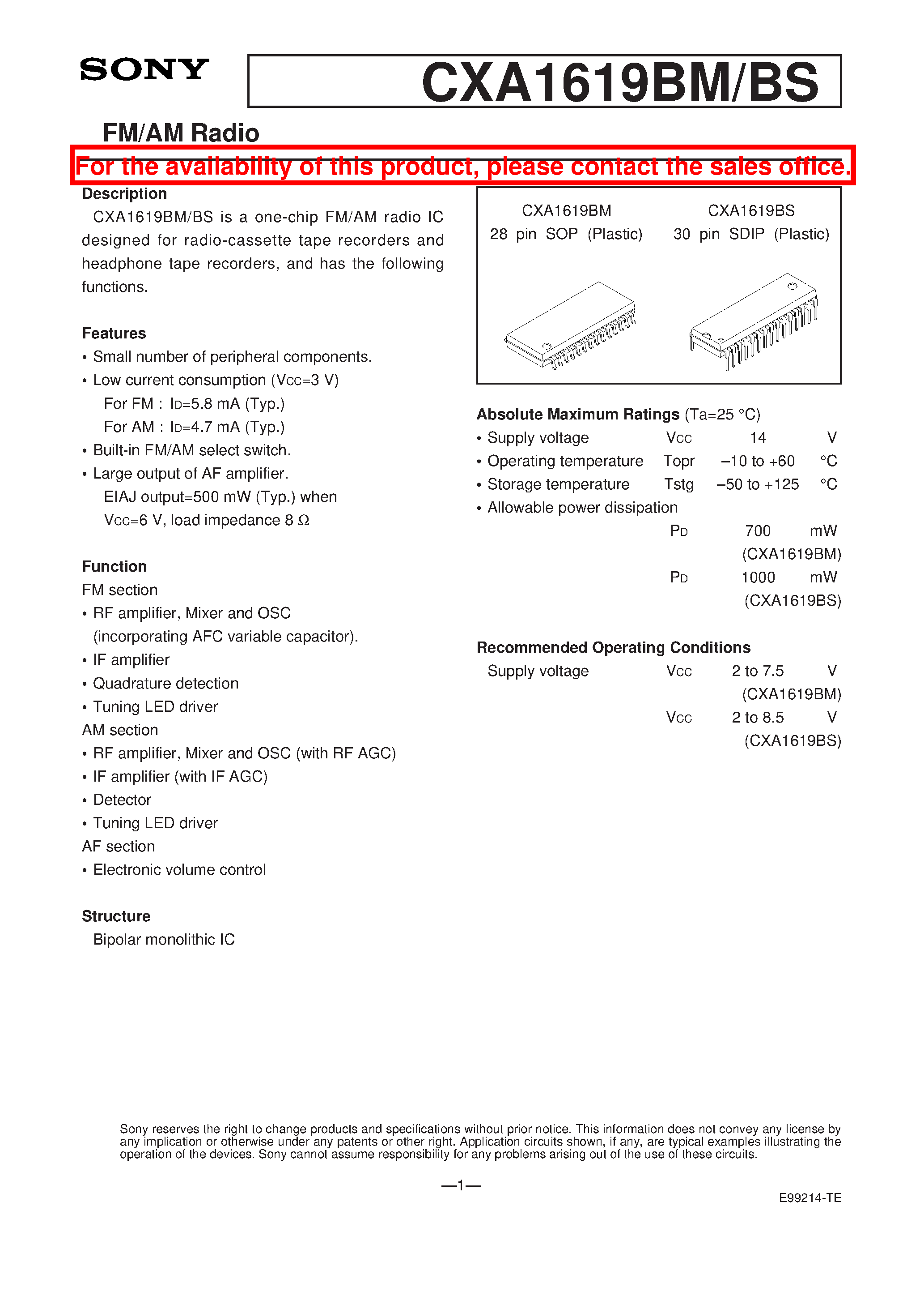 Datasheet CXA1619BM - FM/AM Radio page 1