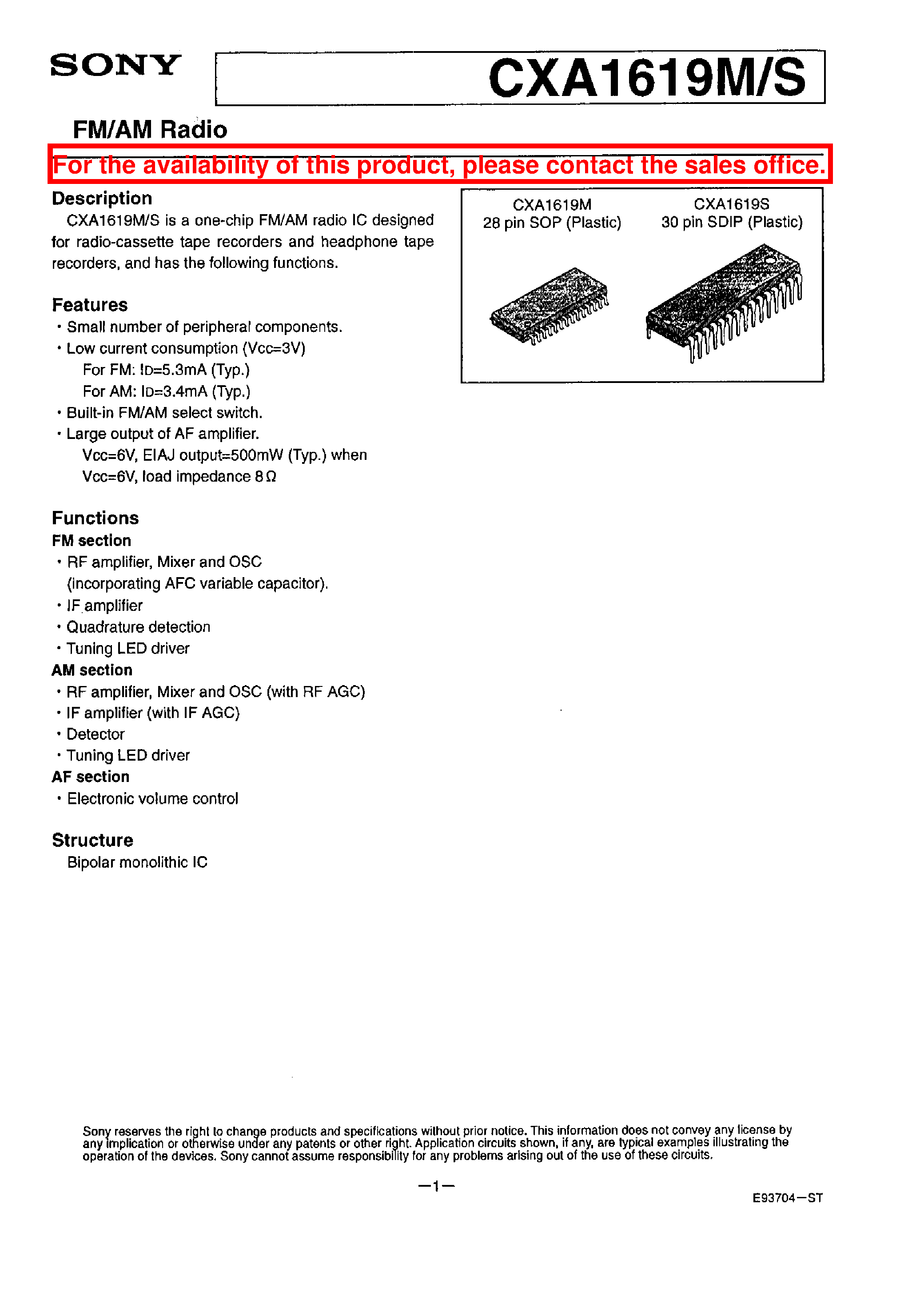 Datasheet CXA1619S - FM/AM Radio page 1
