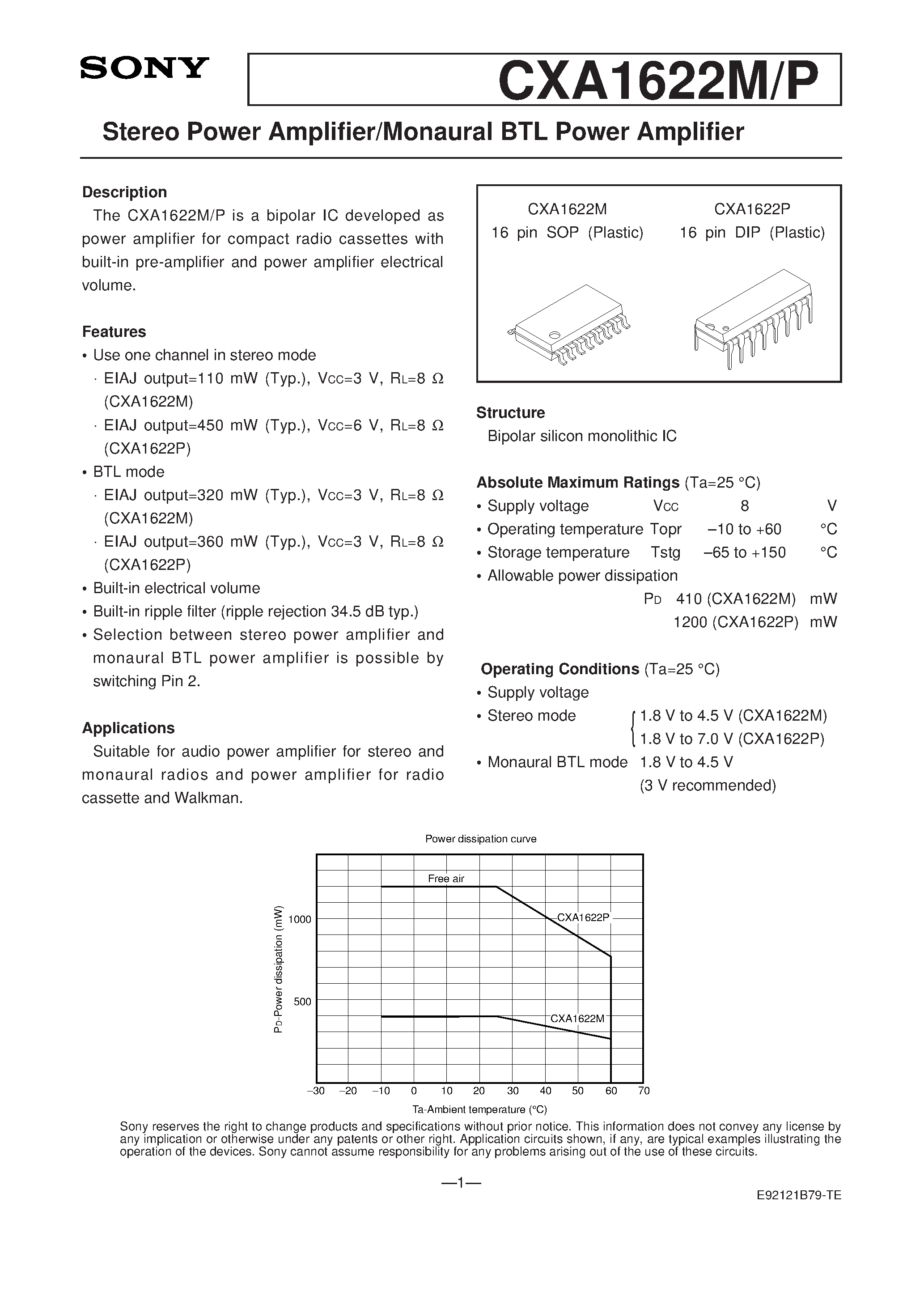 Datasheet CXA1622P - Stereo Power Amplifier/Monaural BTL Power Amplifier page 1