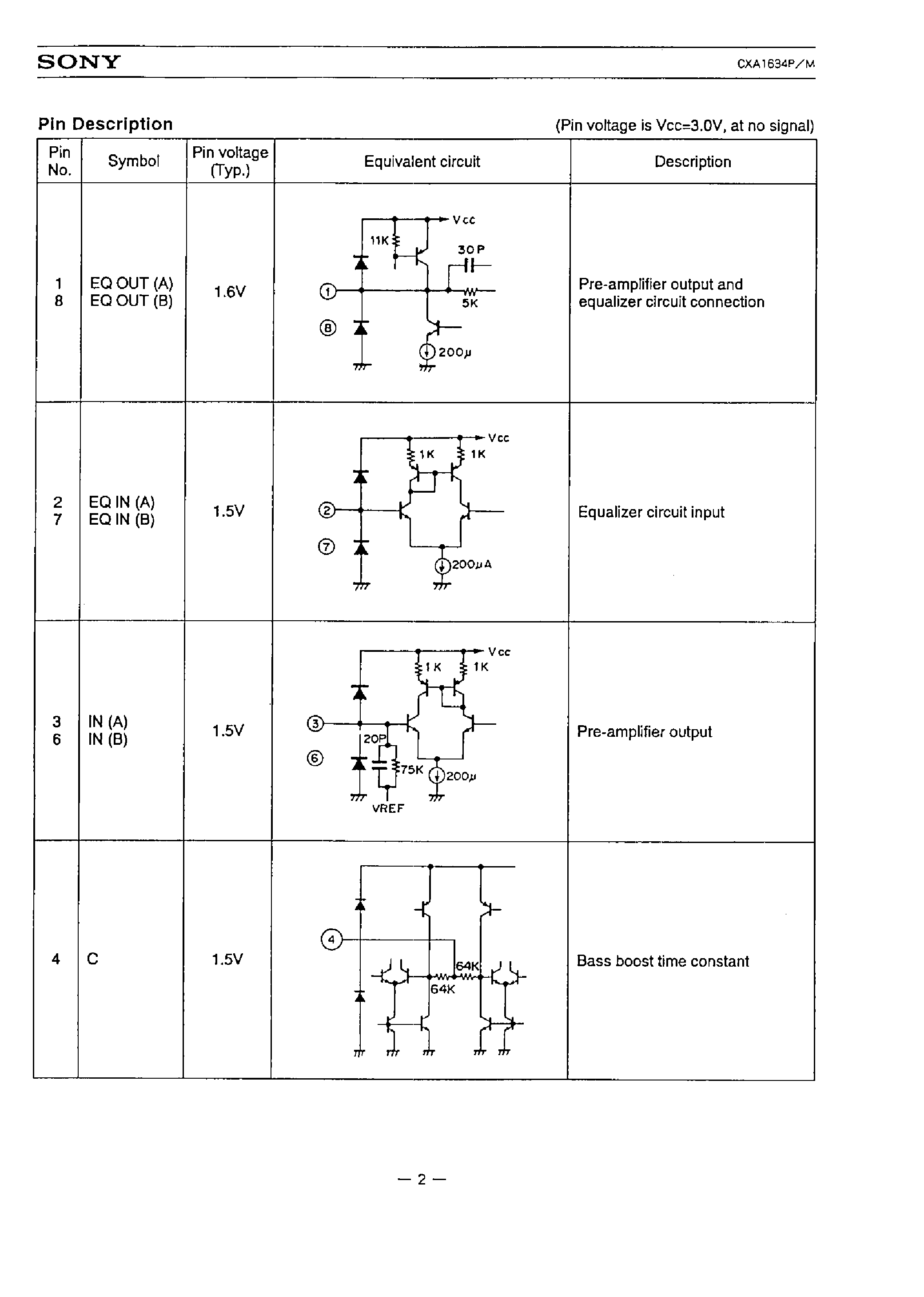 Datasheet CXA1634 - PRE-POWER AMPLIFIER FOR POCKETABLE STEREO CASSETTE PLAYER page 2