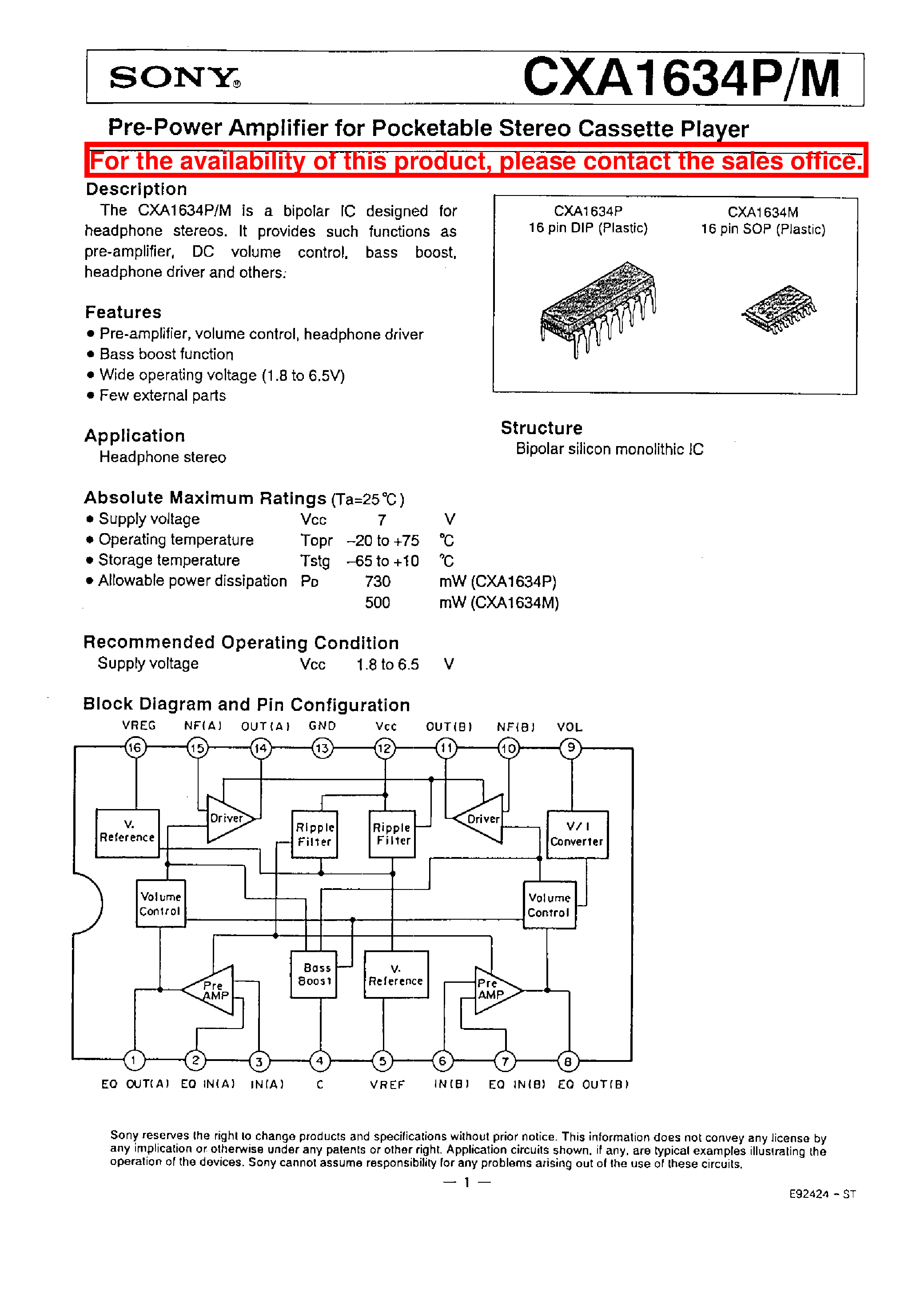 Datasheet CXA1634M - PRE-POWER AMPLIFIER FOR POCKETABLE STEREO CASSETTE PLAYER page 1