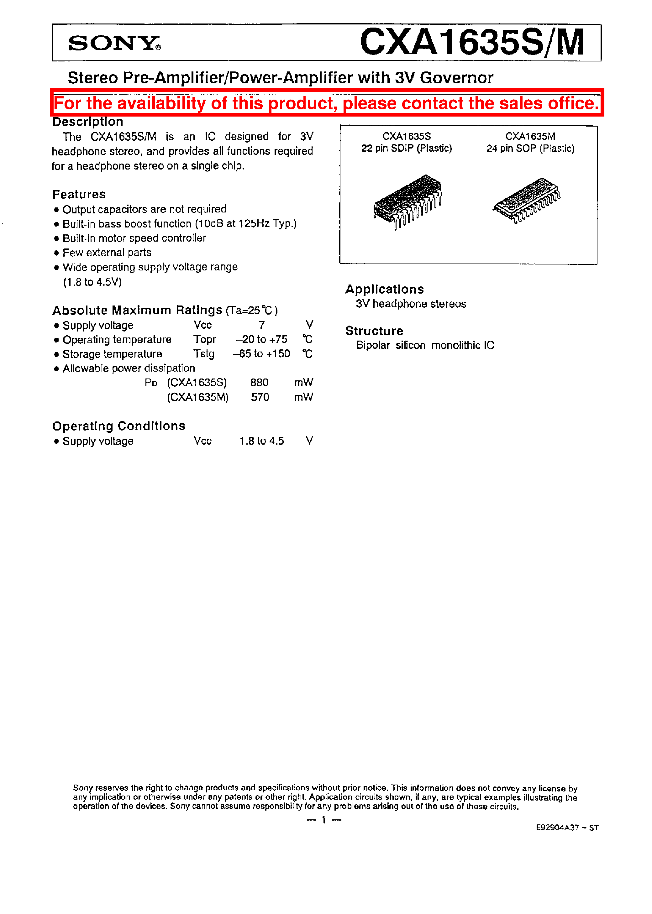 Datasheet CXA1635M page 1 Datasheet CXA1635M - STEREO PRE-AMPLIFIER/POWER-AMPLIGIER WITH 3V GOVERNOR page 1