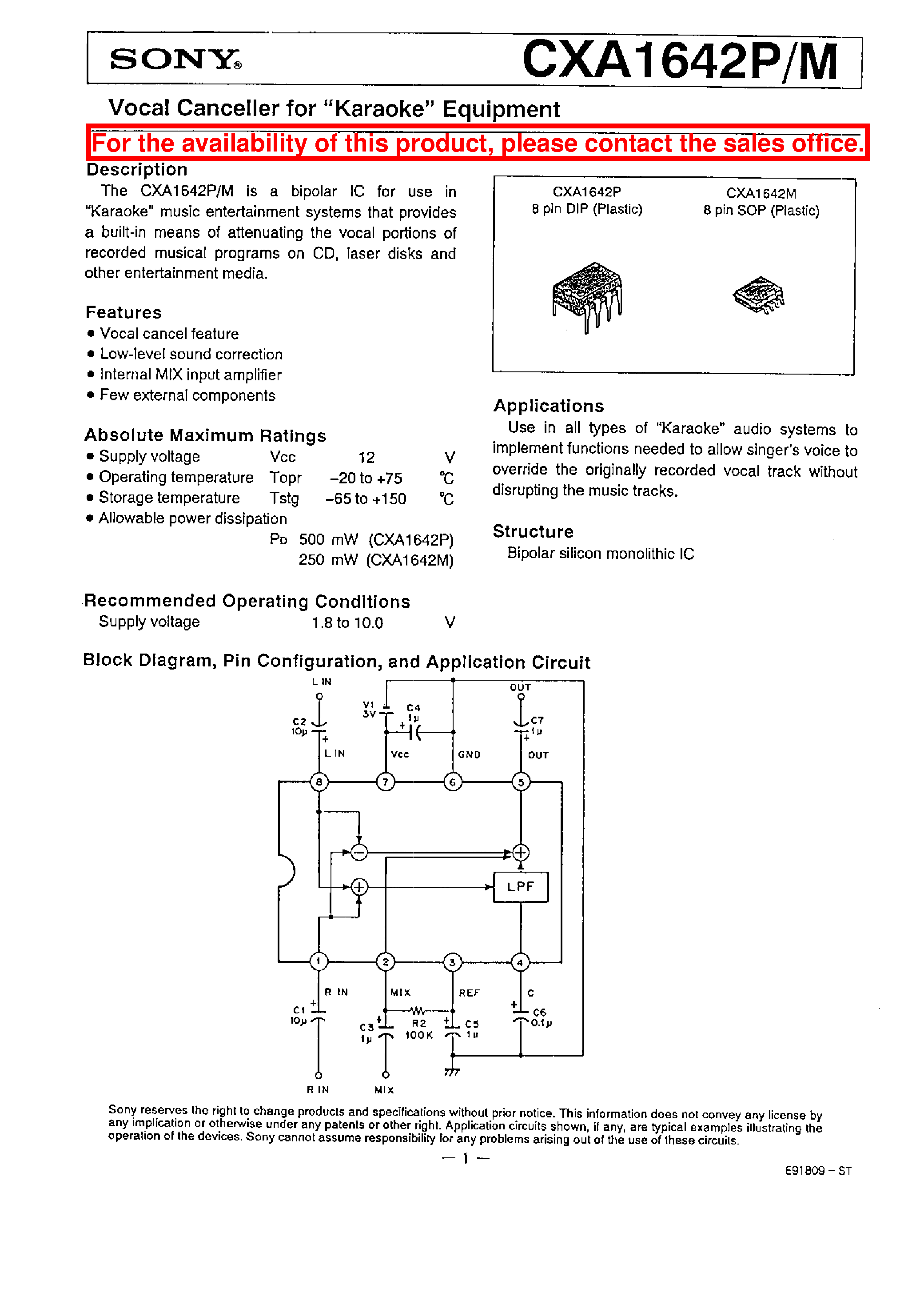 Datasheet CXA1642M - VOCAL CANCELLER FOR KARAOKE EQUIPMENT page 1