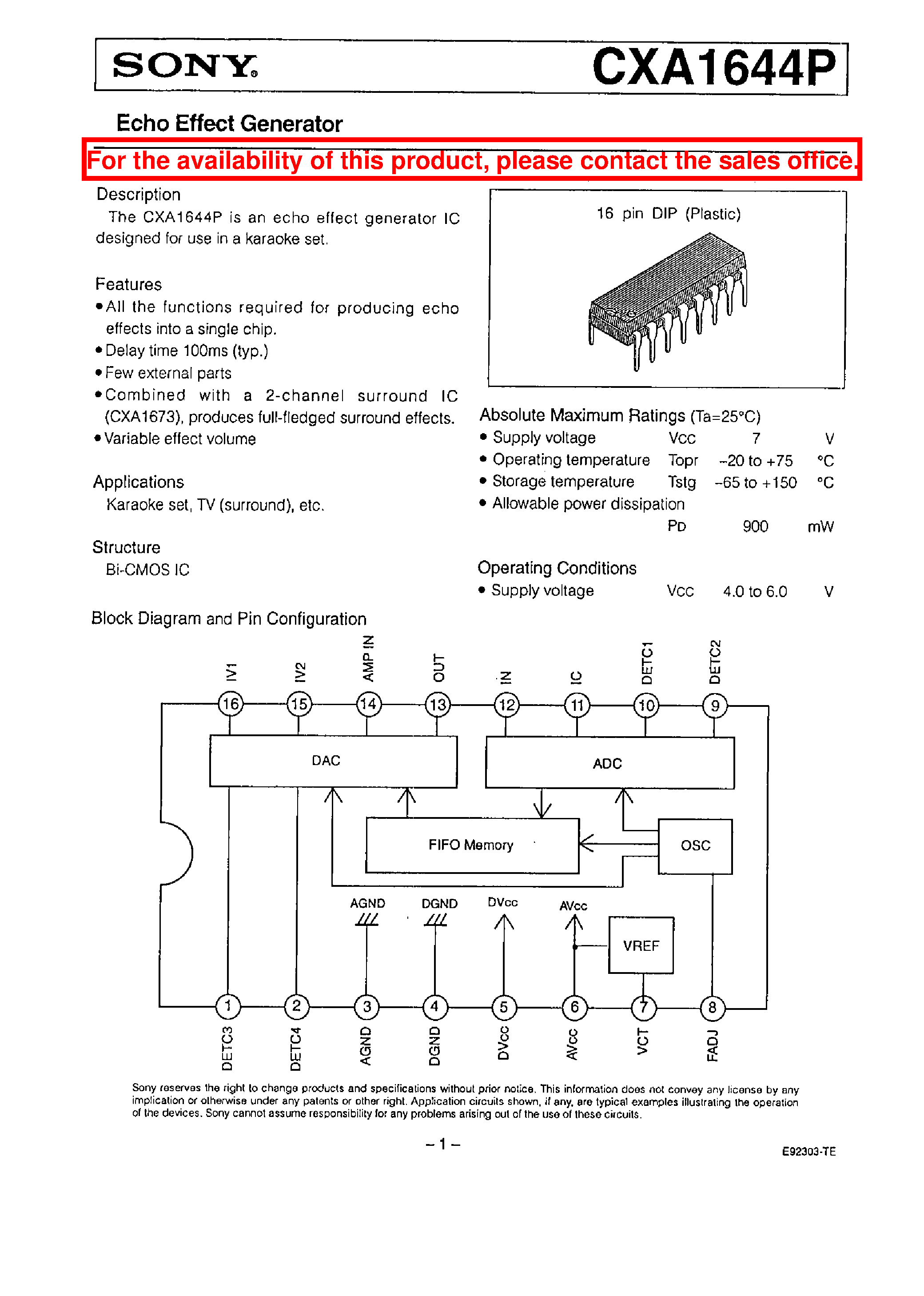 Datasheet CXA1644 page 1 Datasheet CXA1644 - ECHO EFFECT GENERATOR page 1