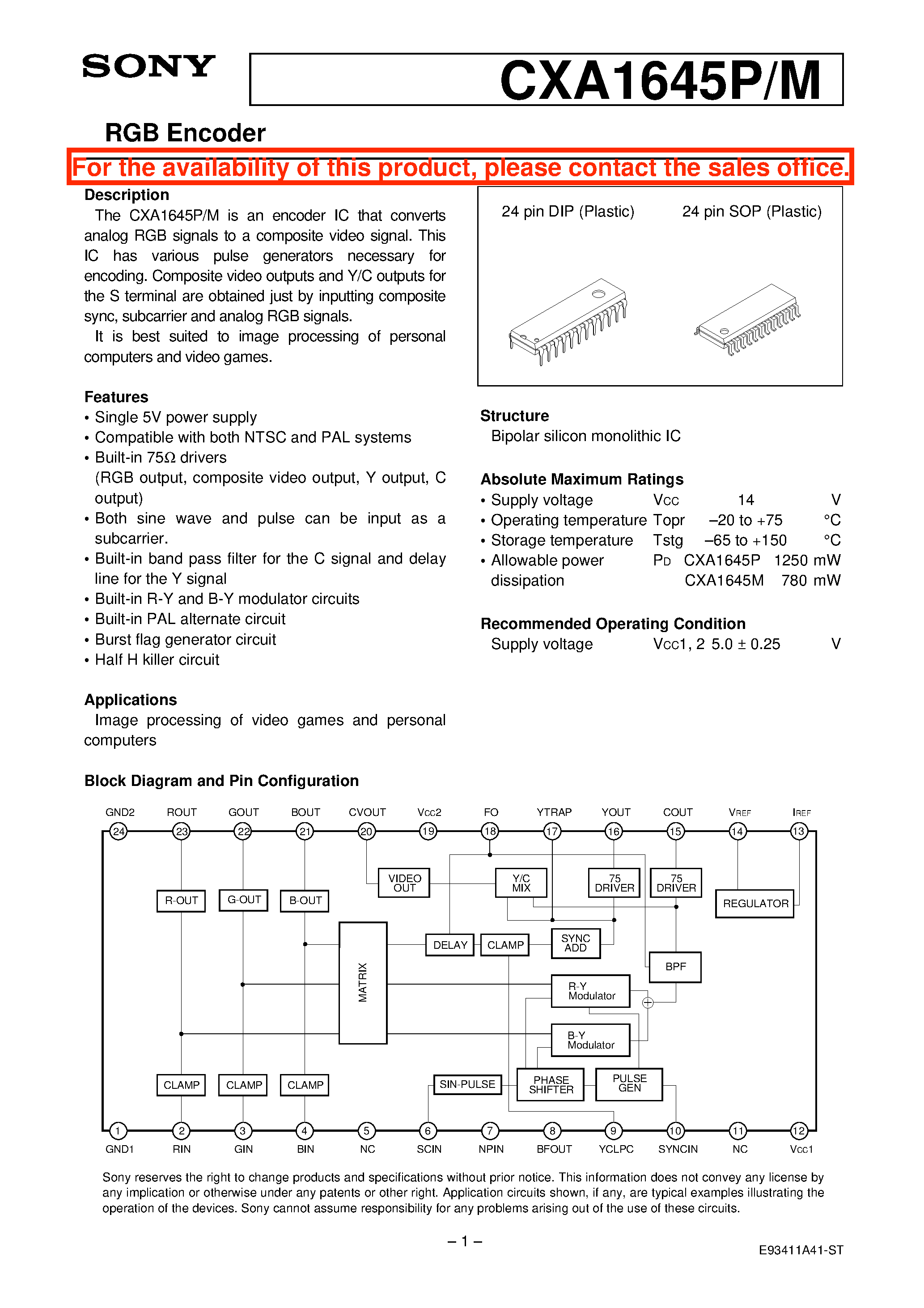 Datasheet CXA1645 page 1 Datasheet CXA1645 - RGB Encoder page 1